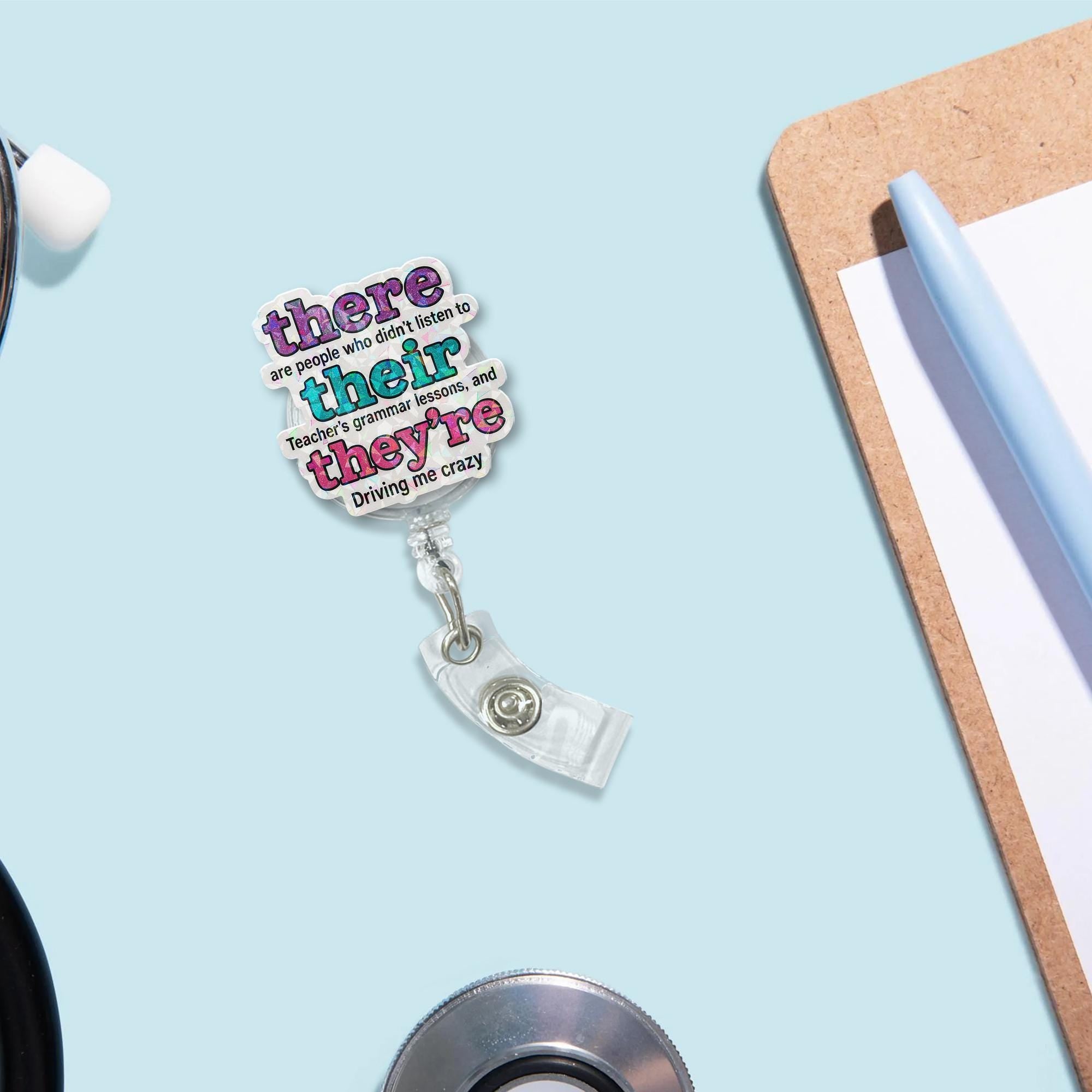 Funny Grammar Teacher Badge Reel, There Their They're ID Clip, English Teacher Gift, Retractable Work Badge, Language Humor Reel