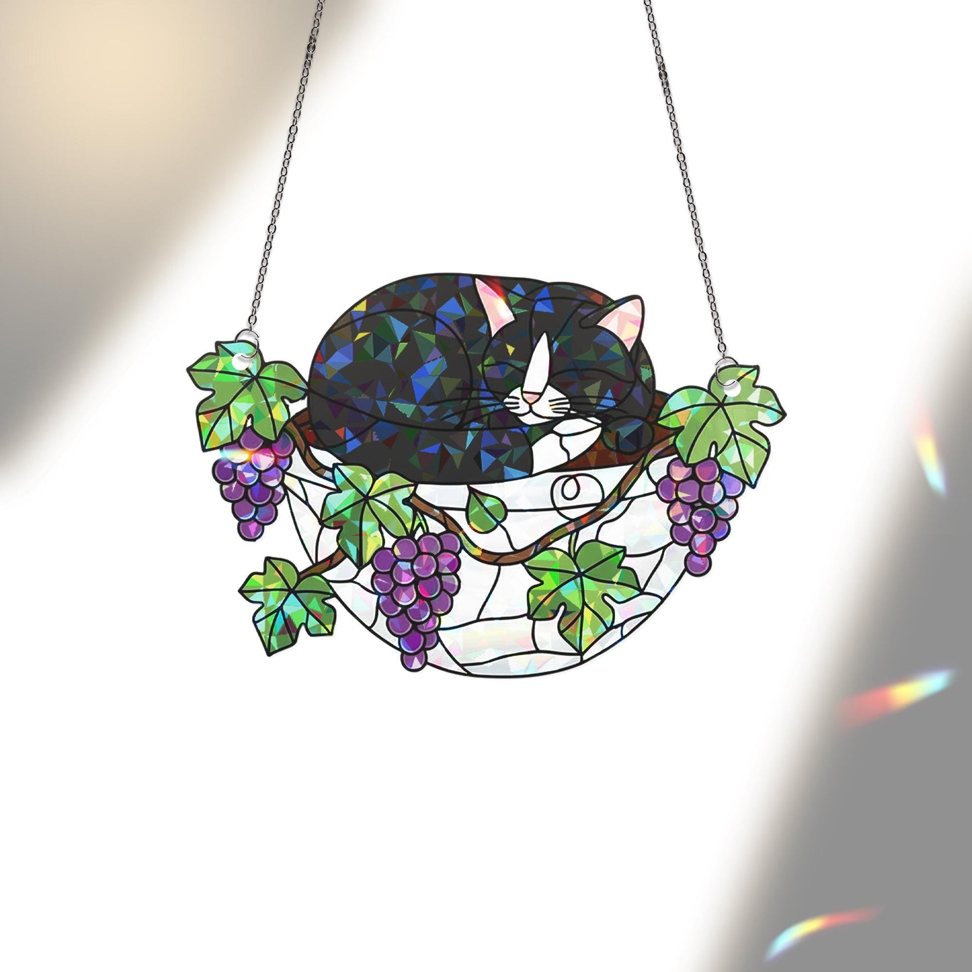 Tuxedo Cat Sleeping on Grapes Plants Hologram Ornament | Cat ACRYLIC Window Hanging | Plant Lover Gift, Fruit Plants Decor, Cozy Cat Decor