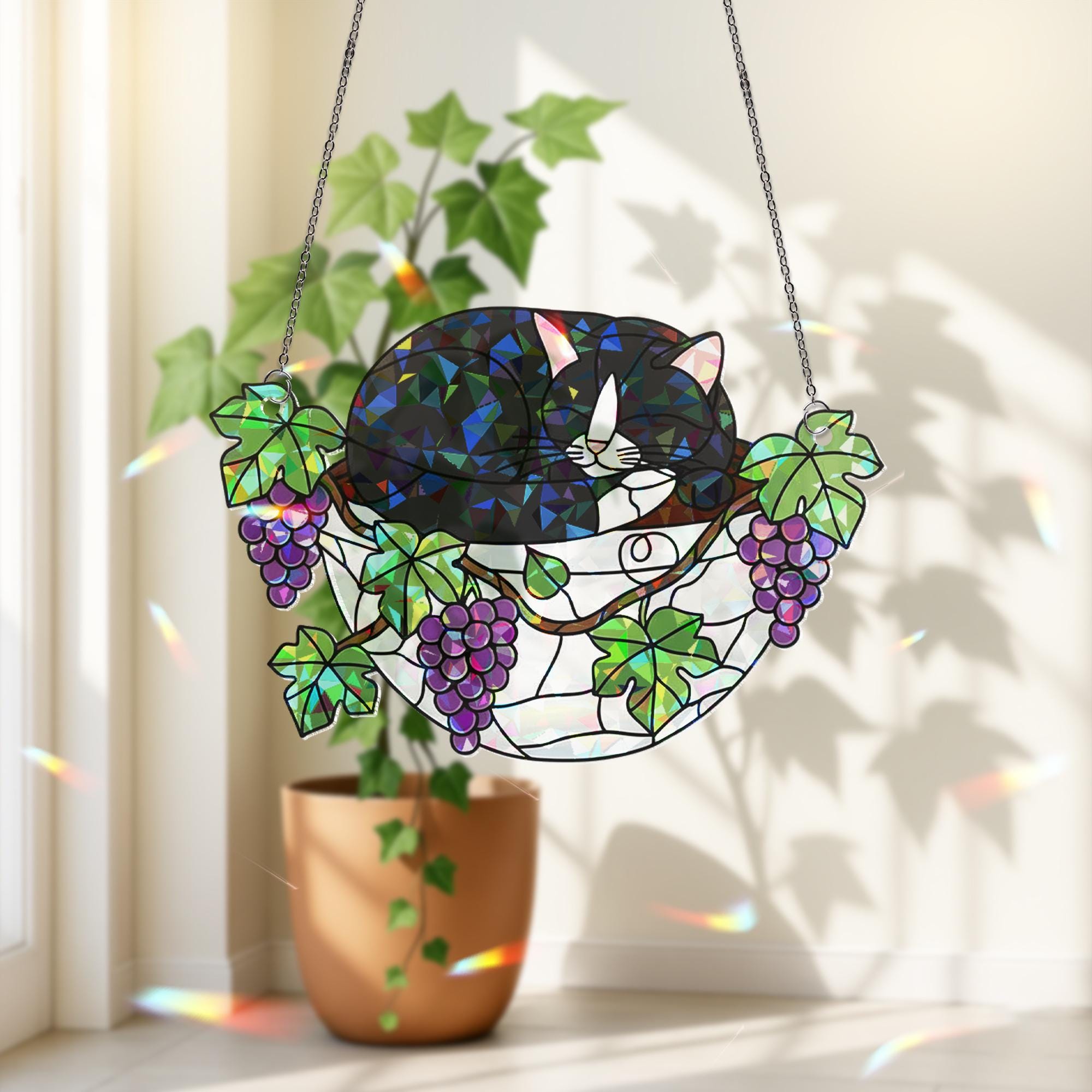 Tuxedo Cat Sleeping on Grapes Plants Hologram Ornament | Cat ACRYLIC Window Hanging | Plant Lover Gift, Fruit Plants Decor, Cozy Cat Decor