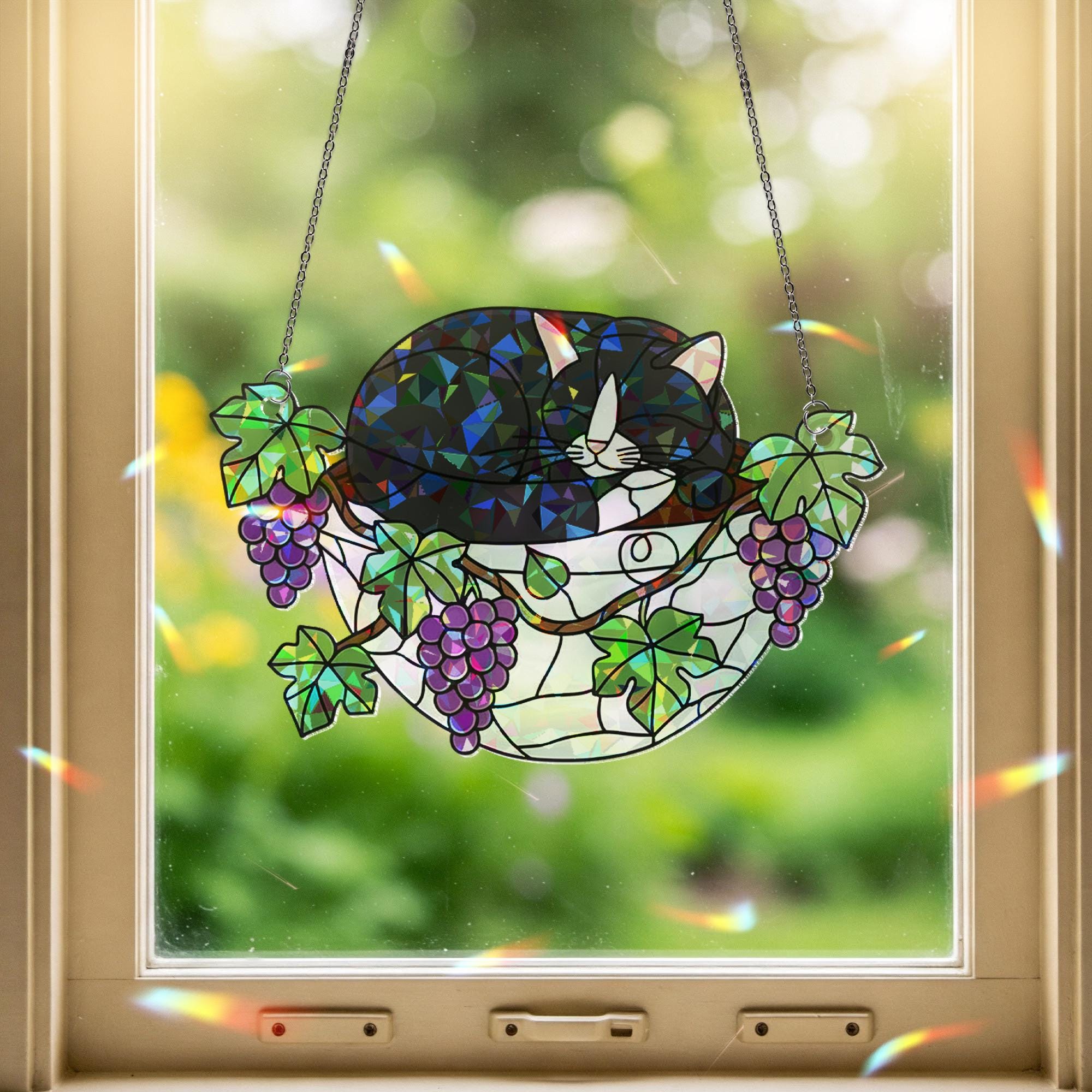 Tuxedo Cat Sleeping on Grapes Plants Hologram Ornament | Cat ACRYLIC Window Hanging | Plant Lover Gift, Fruit Plants Decor, Cozy Cat Decor