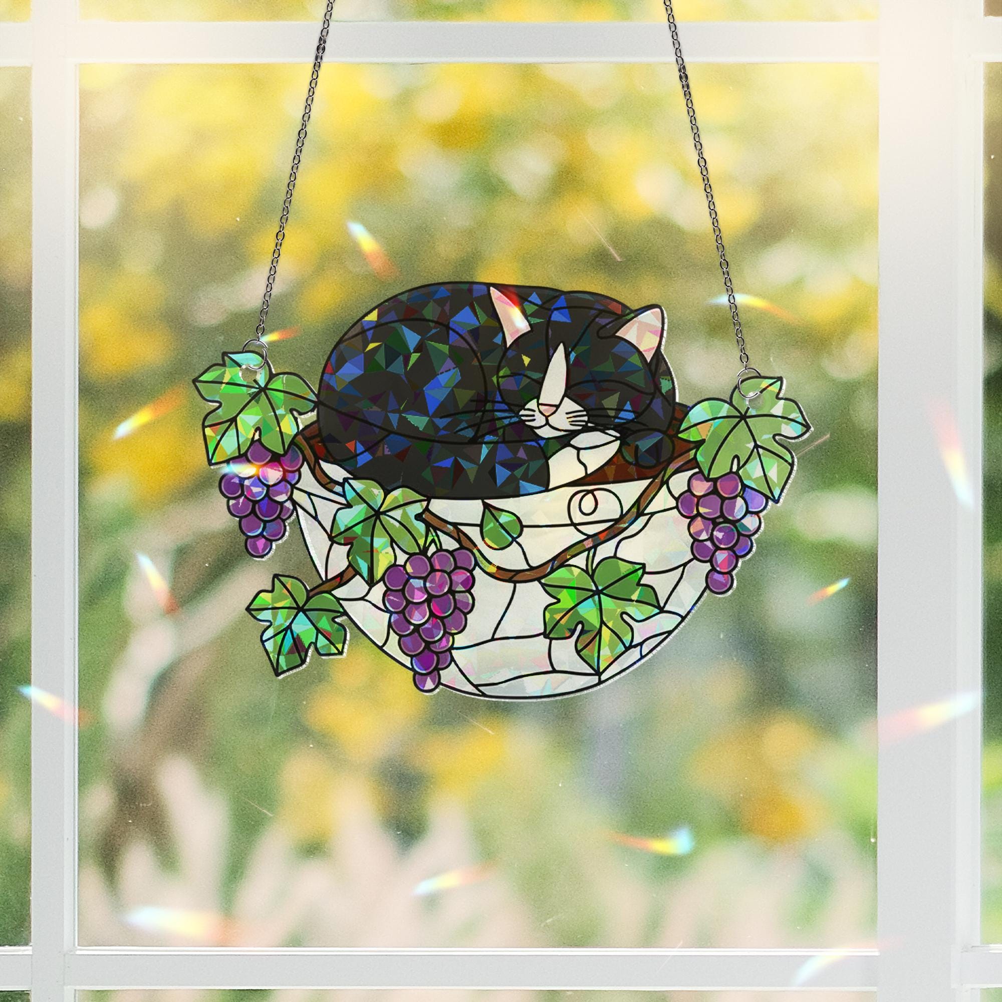 Tuxedo Cat Sleeping on Grapes Plants Hologram Ornament | Cat ACRYLIC Window Hanging | Plant Lover Gift, Fruit Plants Decor, Cozy Cat Decor