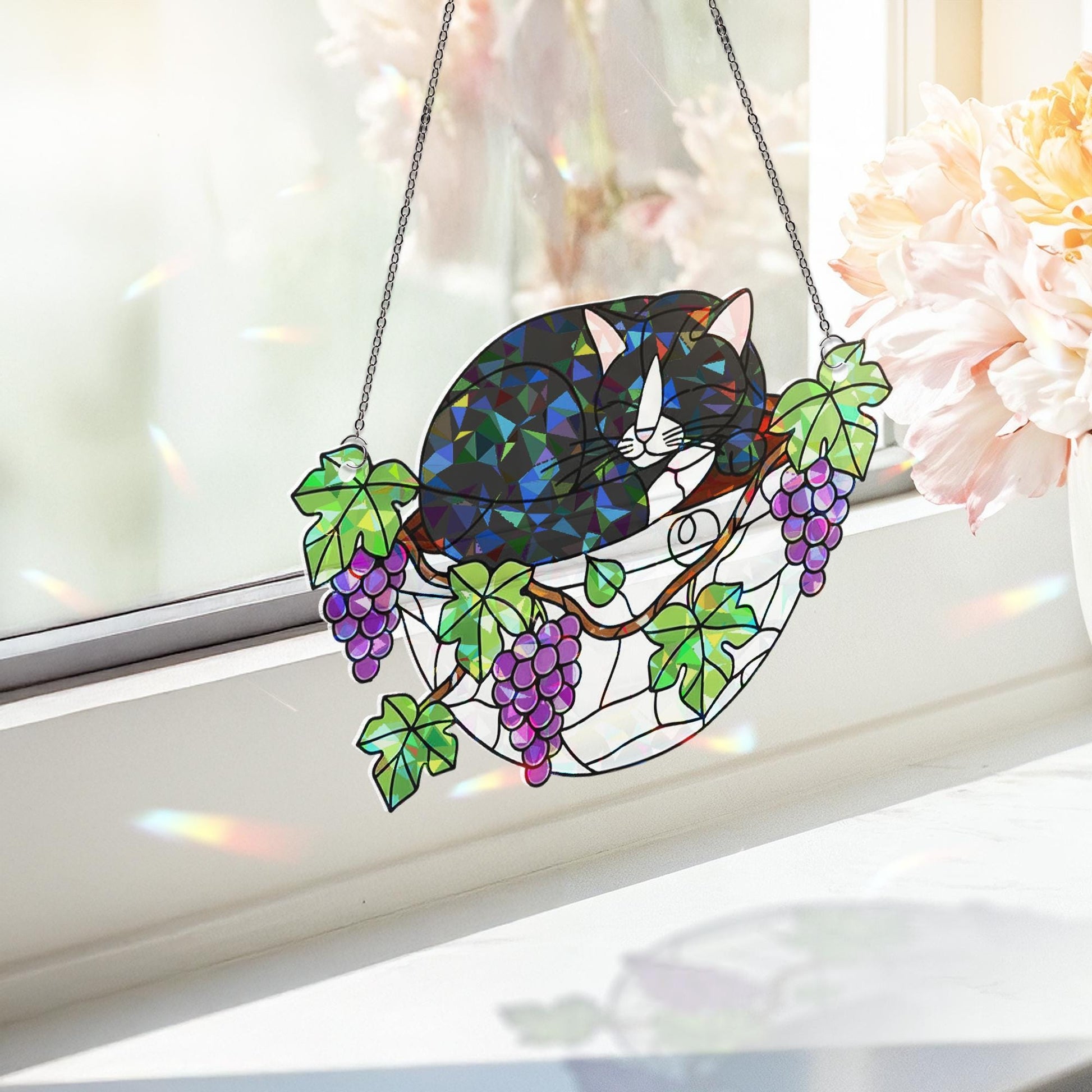 Tuxedo Cat Sleeping on Grapes Plants Hologram Ornament | Cat ACRYLIC Window Hanging | Plant Lover Gift, Fruit Plants Decor, Cozy Cat Decor
