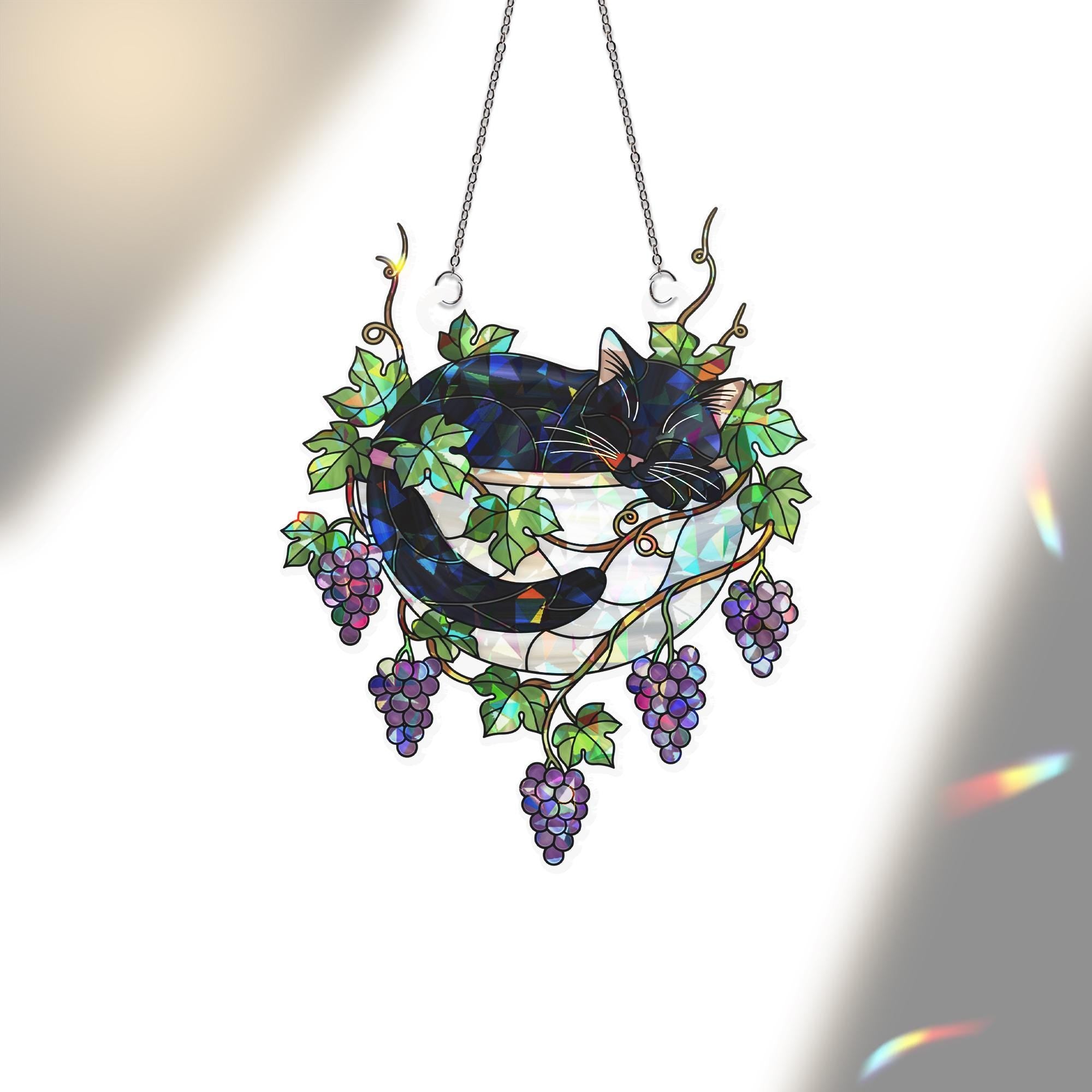 Black Cat Sleeping on Grapes Plants Hologram Ornament | Cat ACRYLIC Window Hanging | Plant Lover Gift, Fruit Plants Decor, Cozy Cat Decor