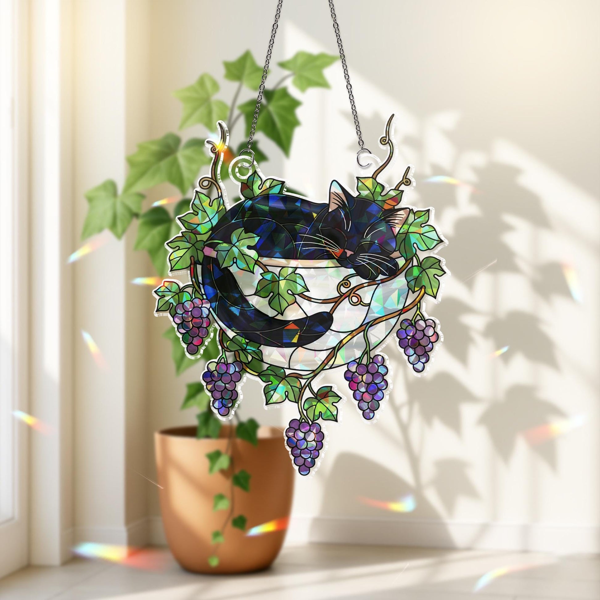 Black Cat Sleeping on Grapes Plants Hologram Ornament | Cat ACRYLIC Window Hanging | Plant Lover Gift, Fruit Plants Decor, Cozy Cat Decor