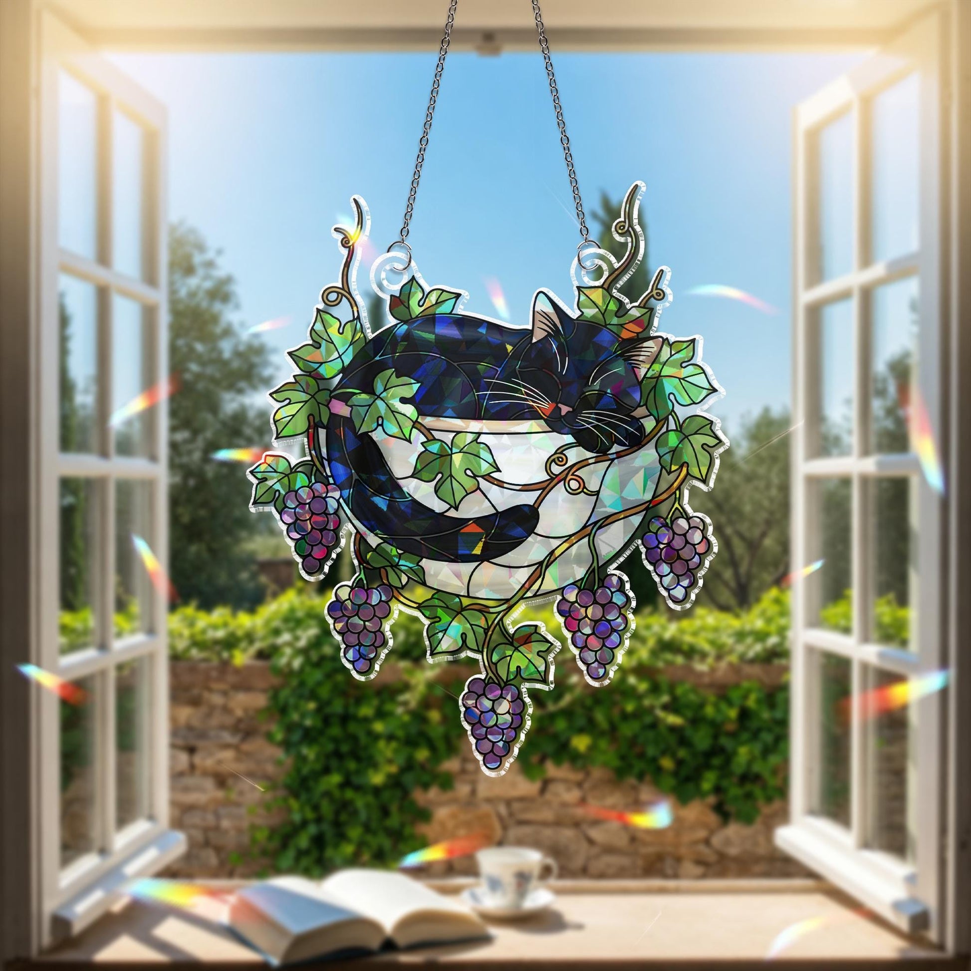 Black Cat Sleeping on Grapes Plants Hologram Ornament | Cat ACRYLIC Window Hanging | Plant Lover Gift, Fruit Plants Decor, Cozy Cat Decor