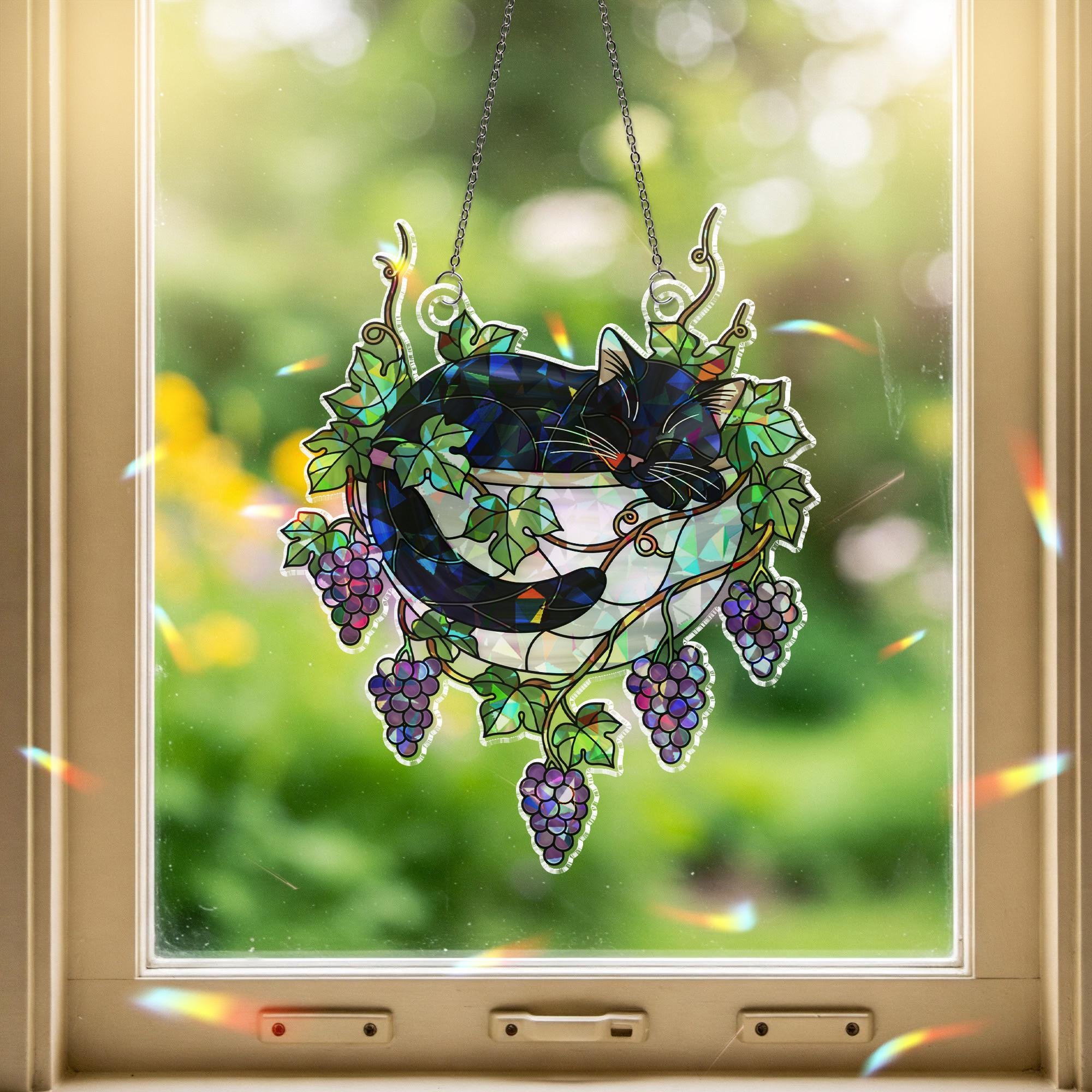Black Cat Sleeping on Grapes Plants Hologram Ornament | Cat ACRYLIC Window Hanging | Plant Lover Gift, Fruit Plants Decor, Cozy Cat Decor