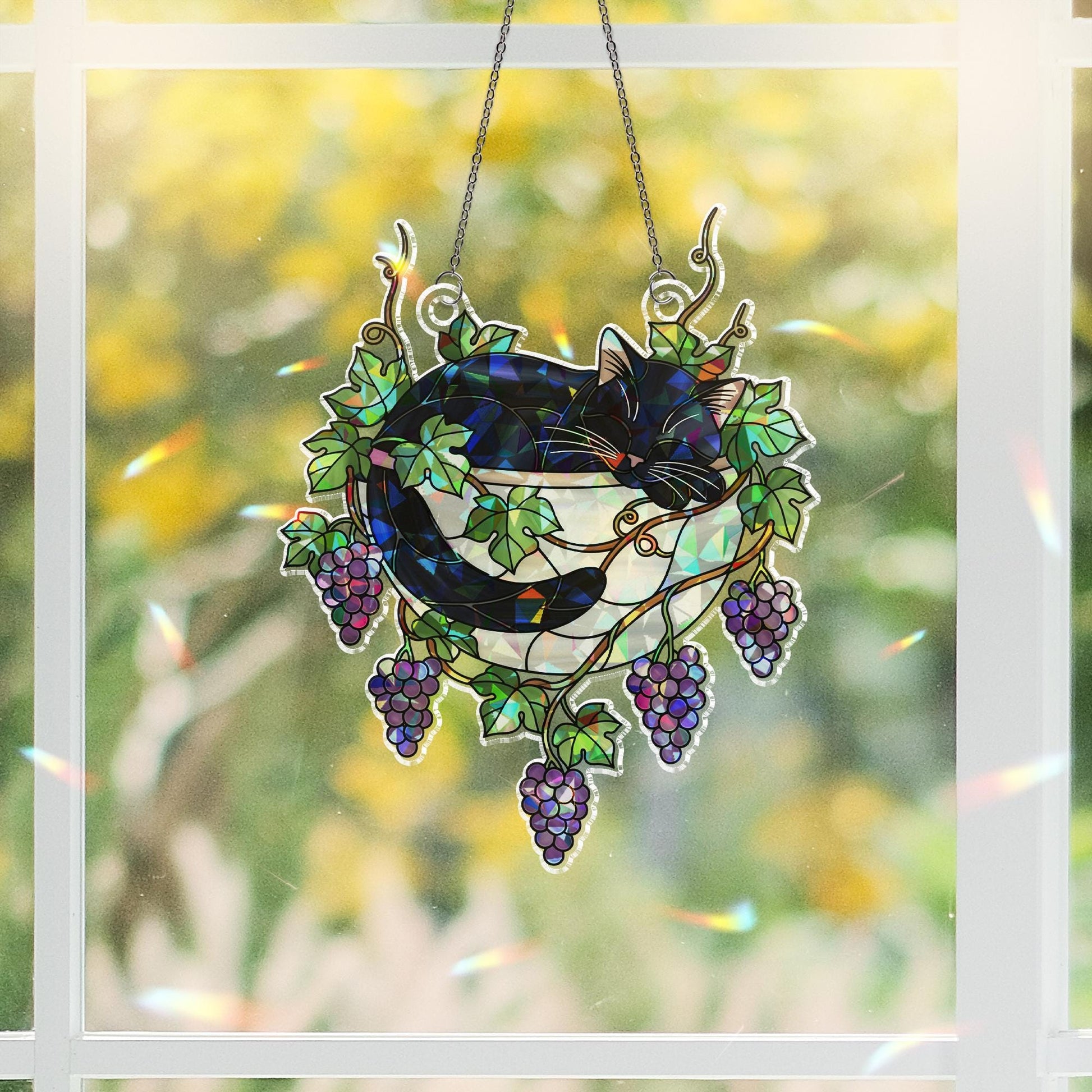 Black Cat Sleeping on Grapes Plants Hologram Ornament | Cat ACRYLIC Window Hanging | Plant Lover Gift, Fruit Plants Decor, Cozy Cat Decor