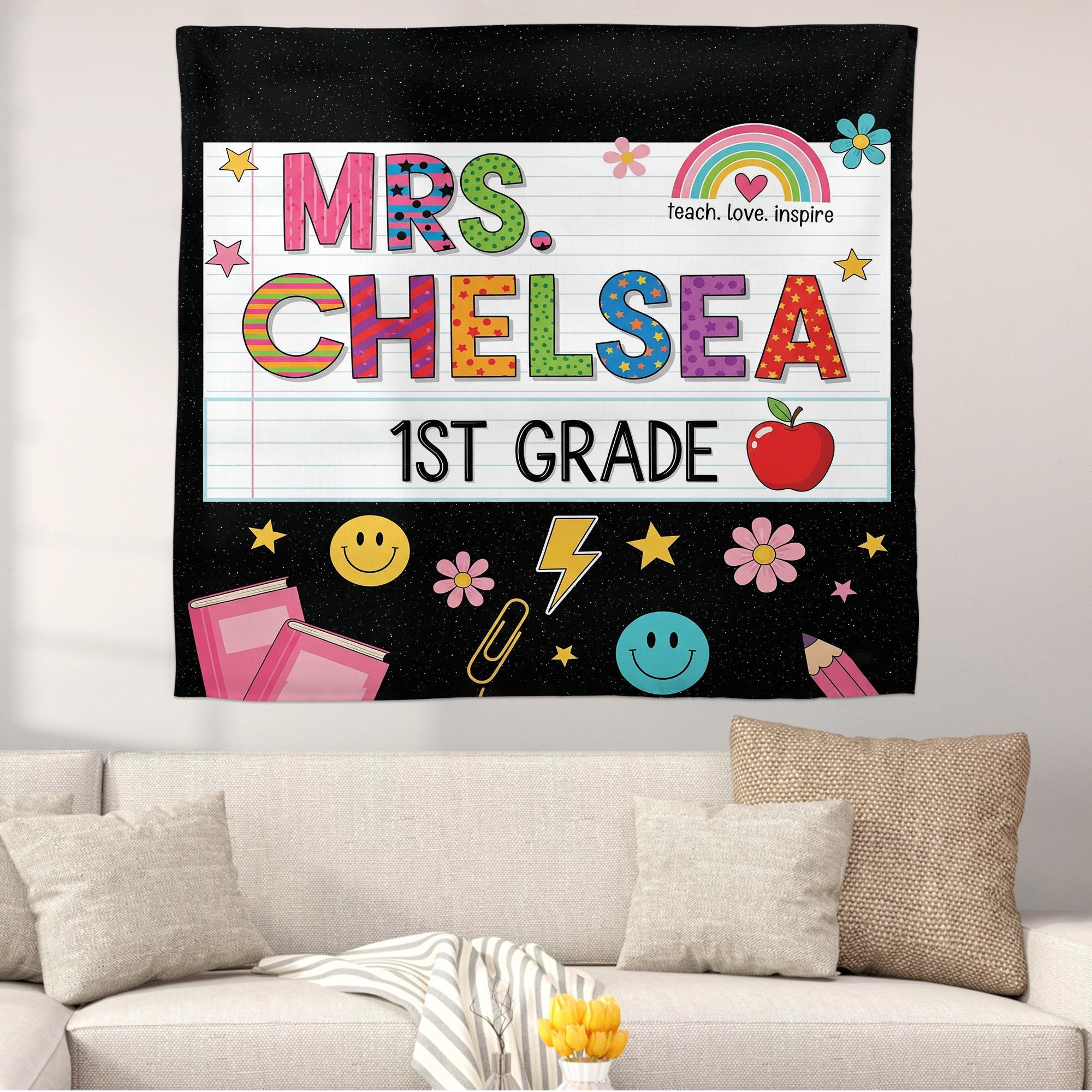 Custom Teacher Tapestry, Custom Classroom Banner, 1st Grade Wall Decor, Personalized School Sign, Cute Teacher Gift, Kute Classroom Decor