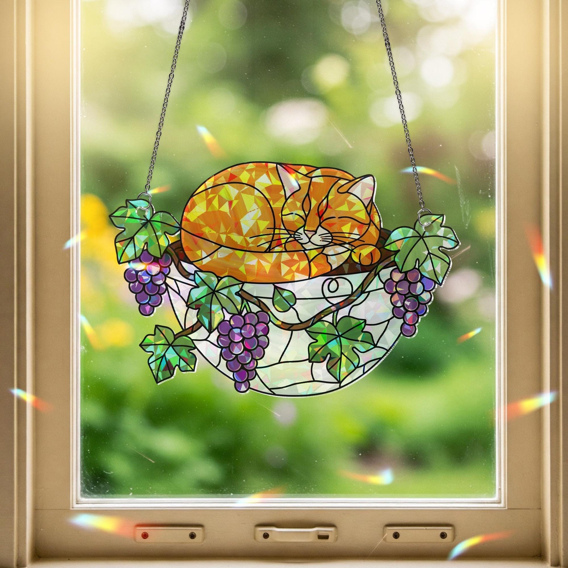 Orange Cat Sleeping on Grapes Plants Hologram Ornament | Cat ACRYLIC Window Hanging | Plant Lover Gift, Fruit Plants Decor, Cozy Cat Decor
