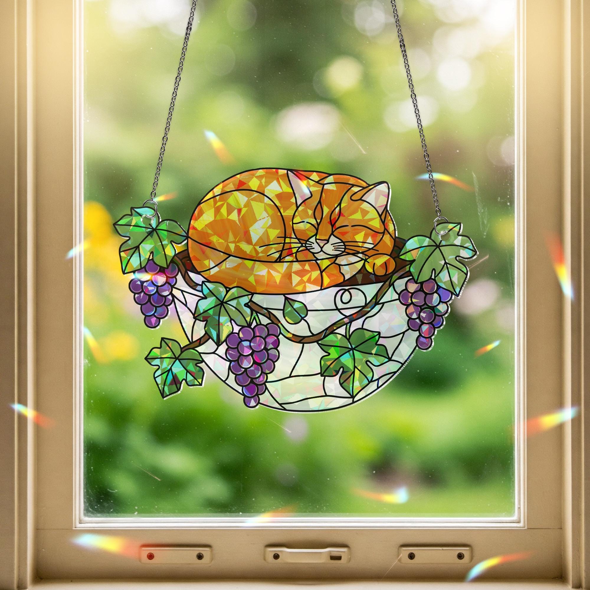Orange Cat Sleeping on Grapes Plants Hologram Ornament | Cat ACRYLIC Window Hanging | Plant Lover Gift, Fruit Plants Decor, Cozy Cat Decor