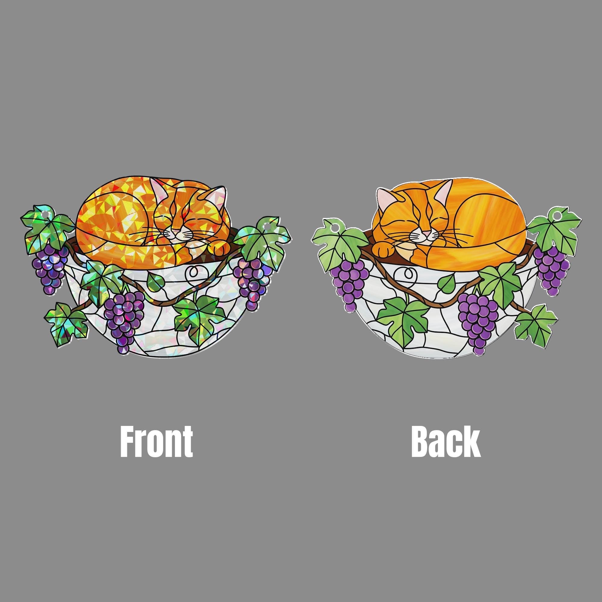 Orange Cat Sleeping on Grapes Plants Hologram Ornament | Cat ACRYLIC Window Hanging | Plant Lover Gift, Fruit Plants Decor, Cozy Cat Decor