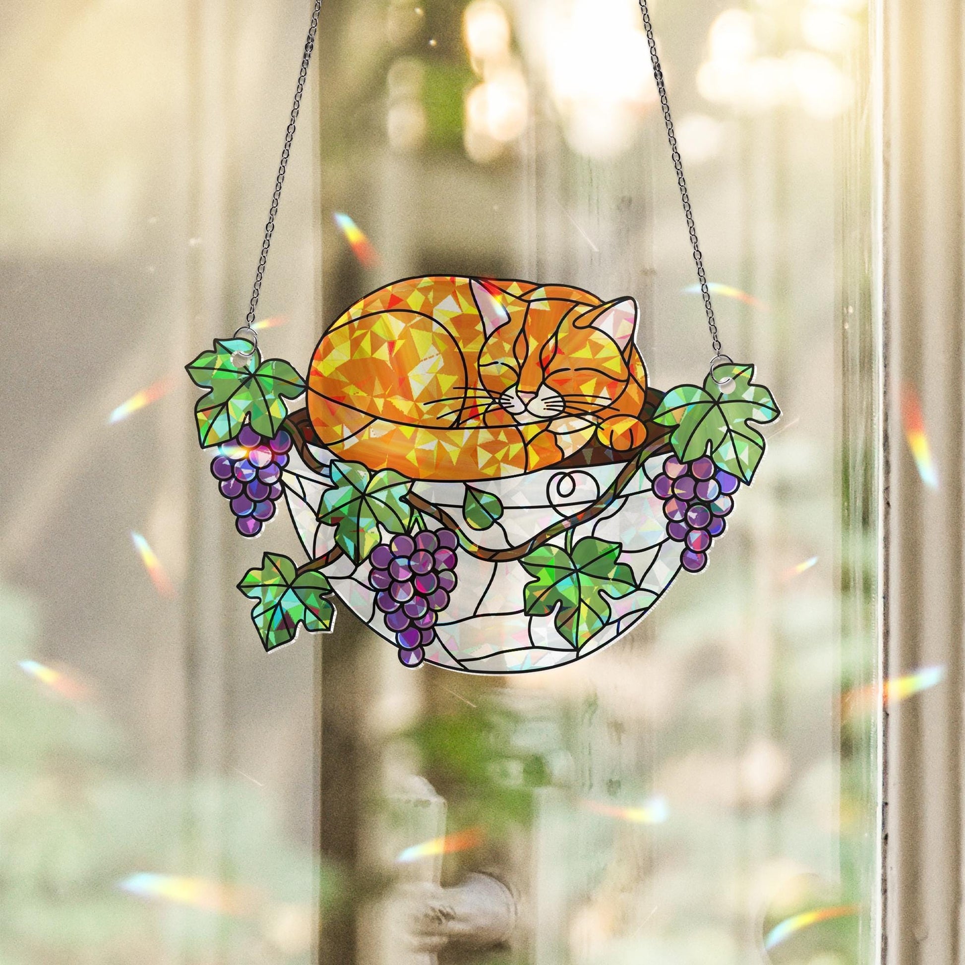 Orange Cat Sleeping on Grapes Plants Hologram Ornament | Cat ACRYLIC Window Hanging | Plant Lover Gift, Fruit Plants Decor, Cozy Cat Decor