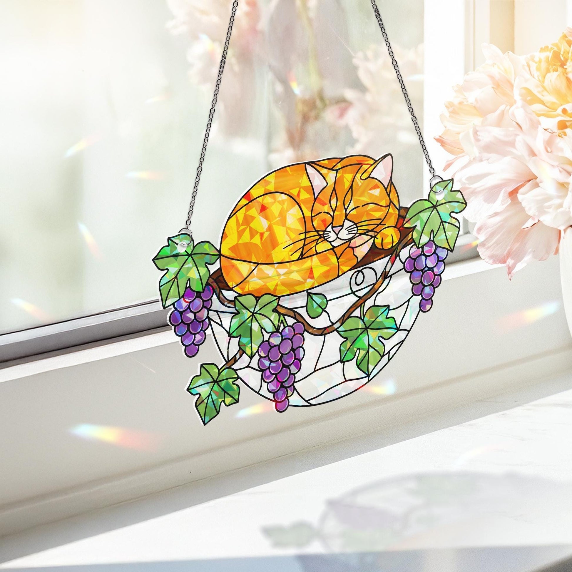 Orange Cat Sleeping on Grapes Plants Hologram Ornament | Cat ACRYLIC Window Hanging | Plant Lover Gift, Fruit Plants Decor, Cozy Cat Decor