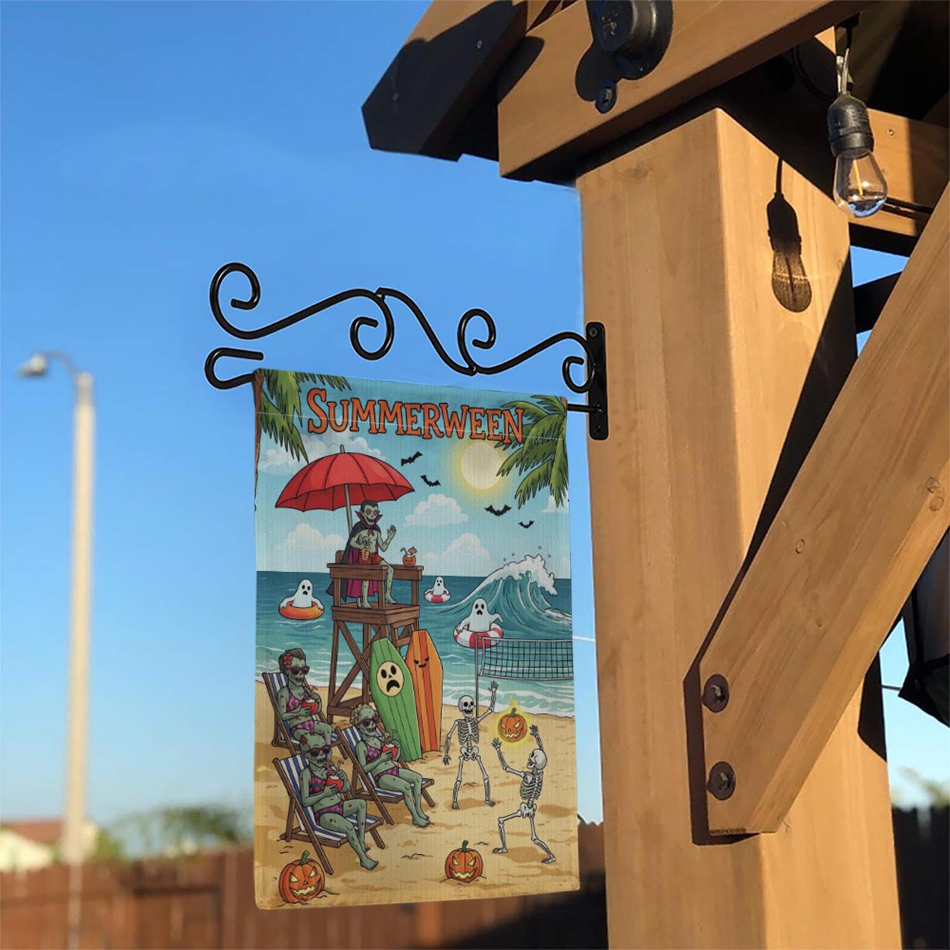 Summerween Beach Flag | Funny Halloween Garden Decor | Skeleton Ghost Yard Flag | Spooky Summer Outdoor Sign