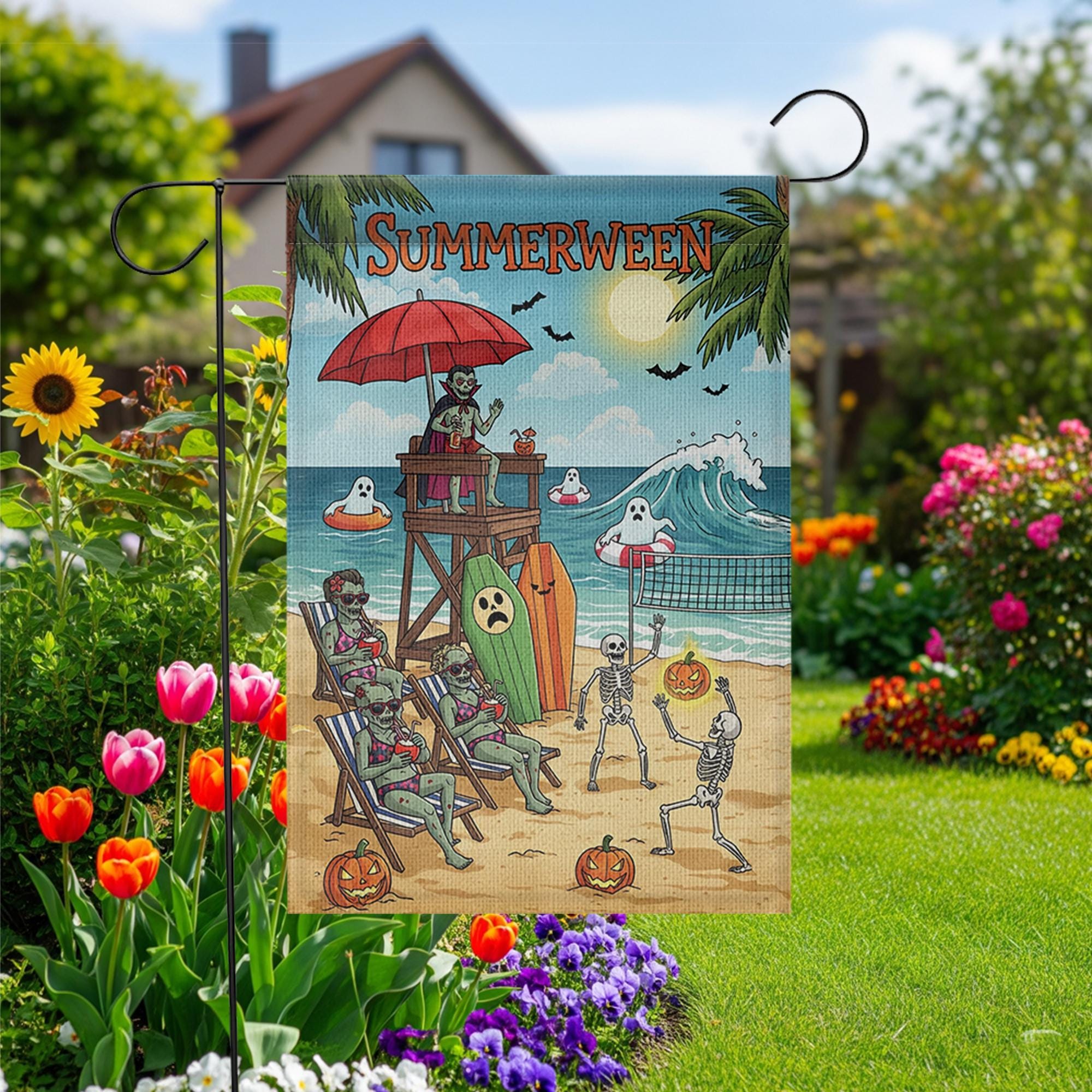 Summerween Beach Flag | Funny Halloween Garden Decor | Skeleton Ghost Yard Flag | Spooky Summer Outdoor Sign