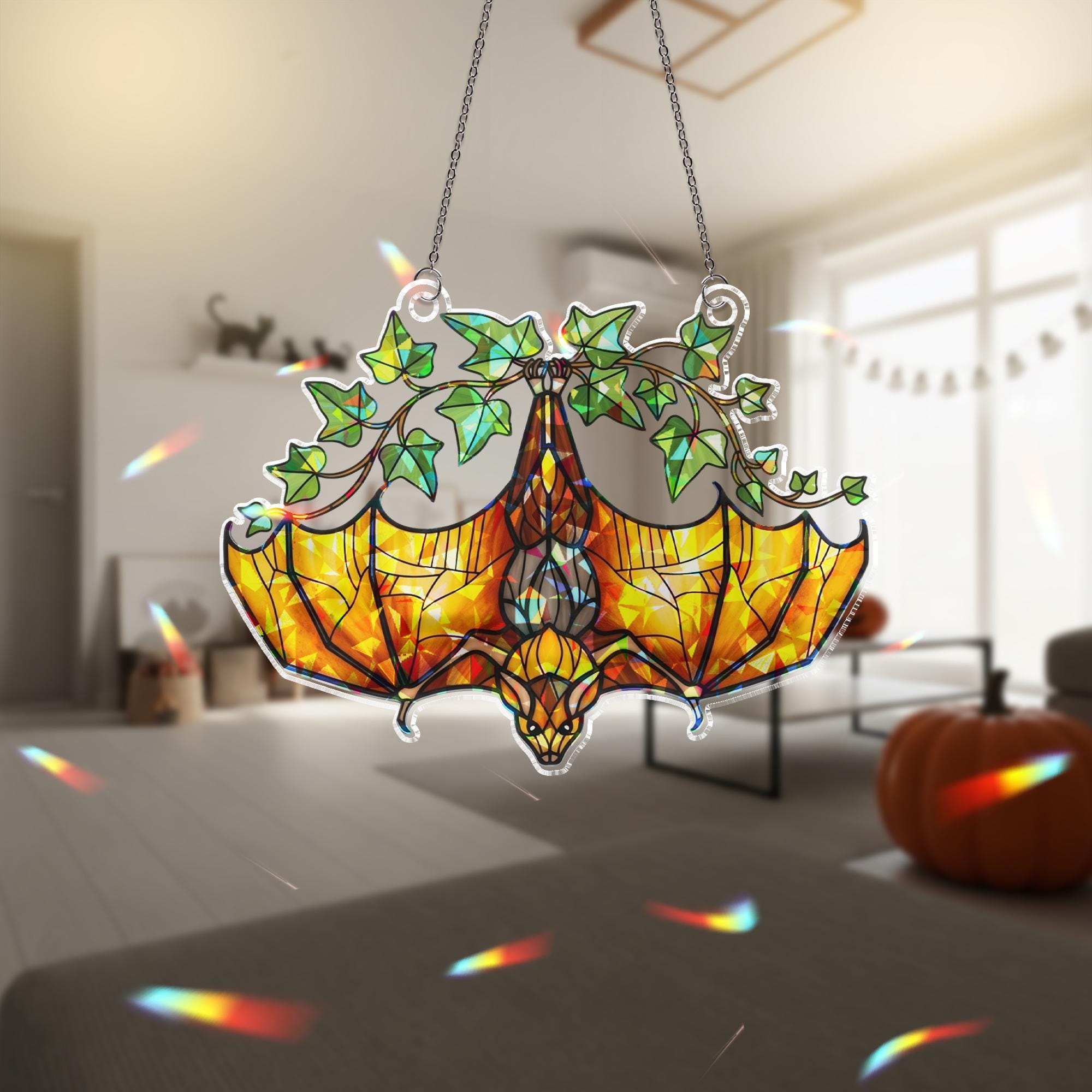 Upside Down Bat Hologram Decor, Ivy Plant Bat Window Decor, Gothic Hologram Acrylic Hanging, Halloween Bat Ornament, Sunlight Catcher
