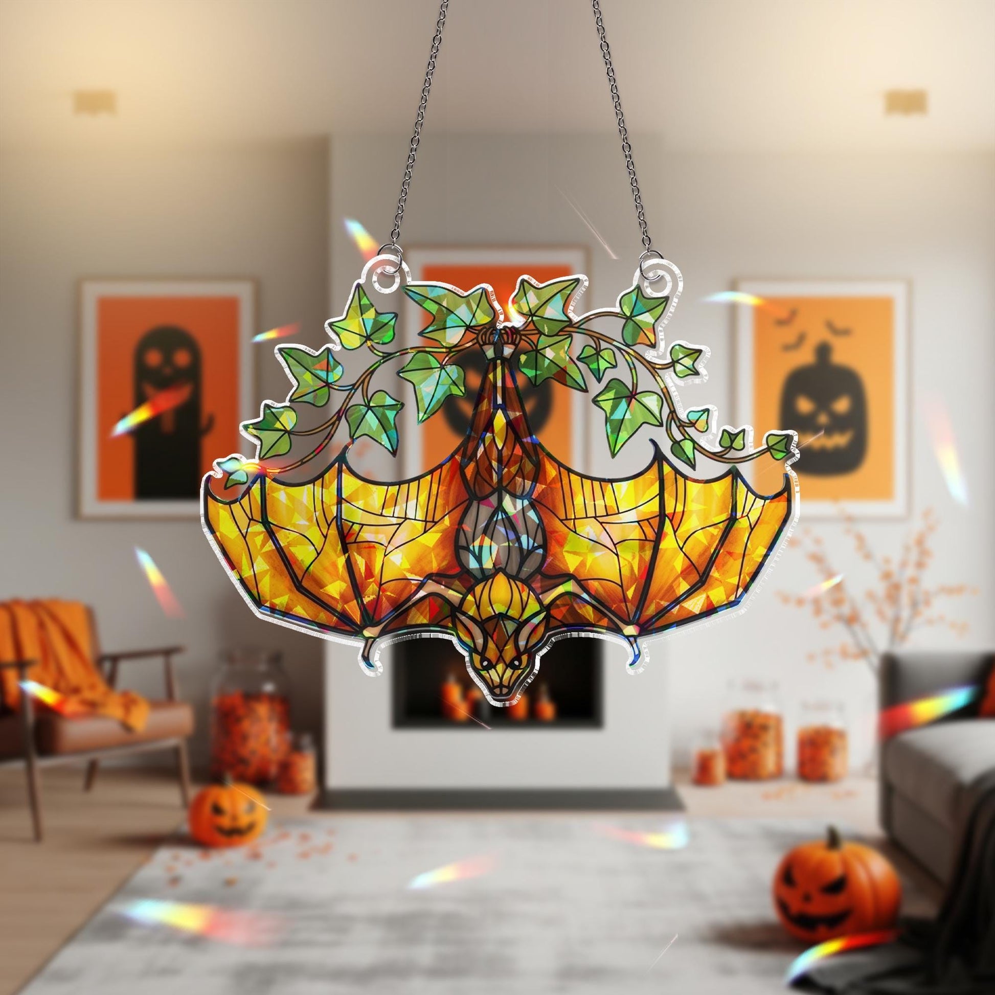 Upside Down Bat Hologram Decor, Ivy Plant Bat Window Decor, Gothic Hologram Acrylic Hanging, Halloween Bat Ornament, Sunlight Catcher