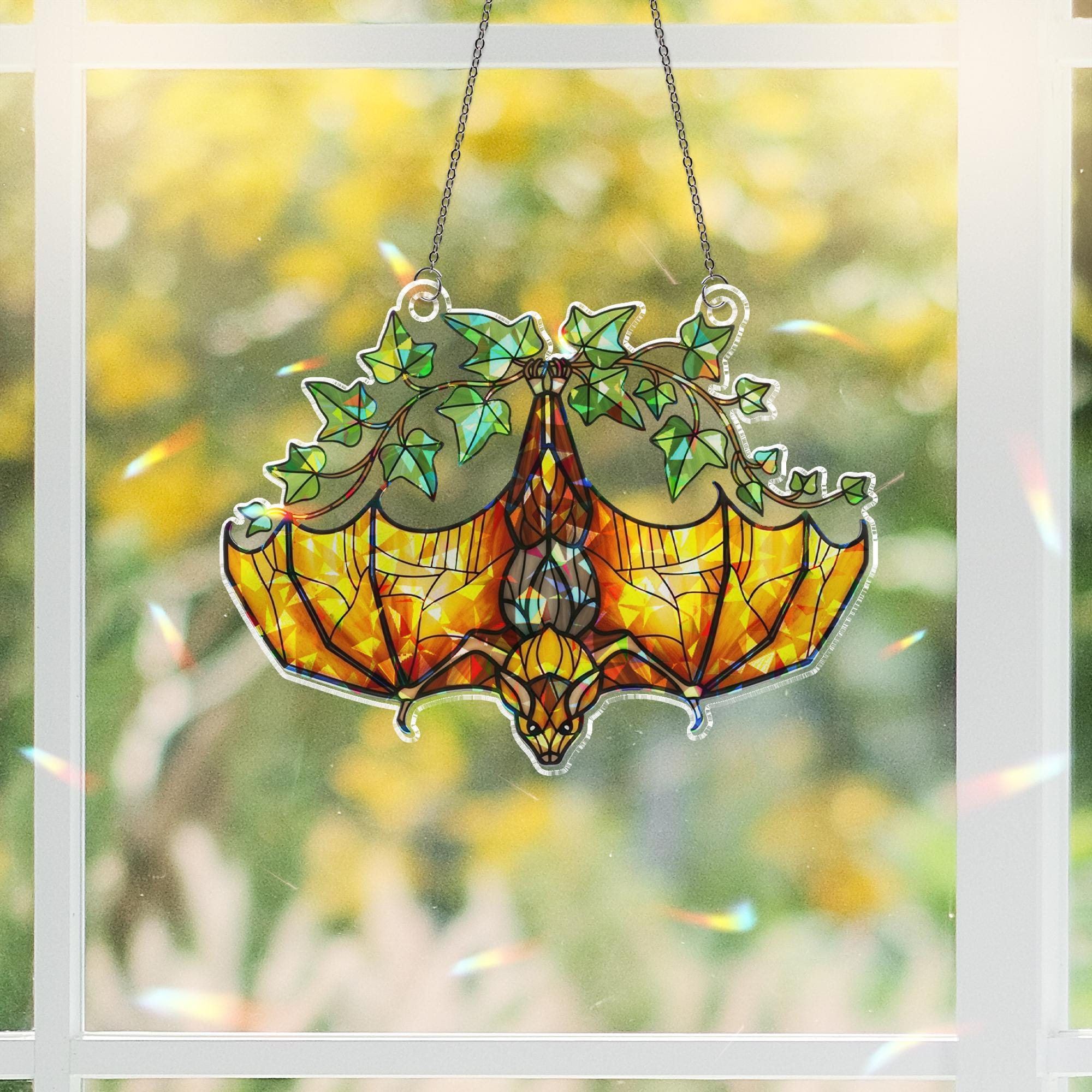 Upside Down Bat Hologram Decor, Ivy Plant Bat Window Decor, Gothic Hologram Acrylic Hanging, Halloween Bat Ornament, Sunlight Catcher