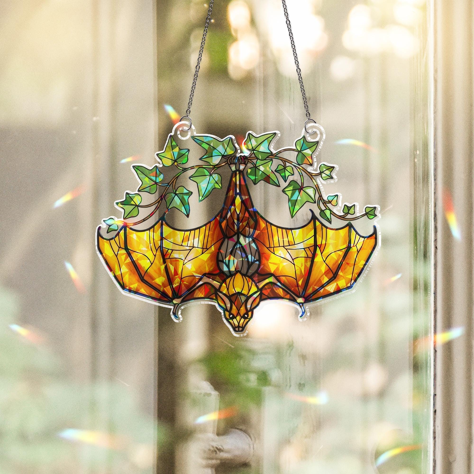 Upside Down Bat Hologram Decor, Ivy Plant Bat Window Decor, Gothic Hologram Acrylic Hanging, Halloween Bat Ornament, Sunlight Catcher