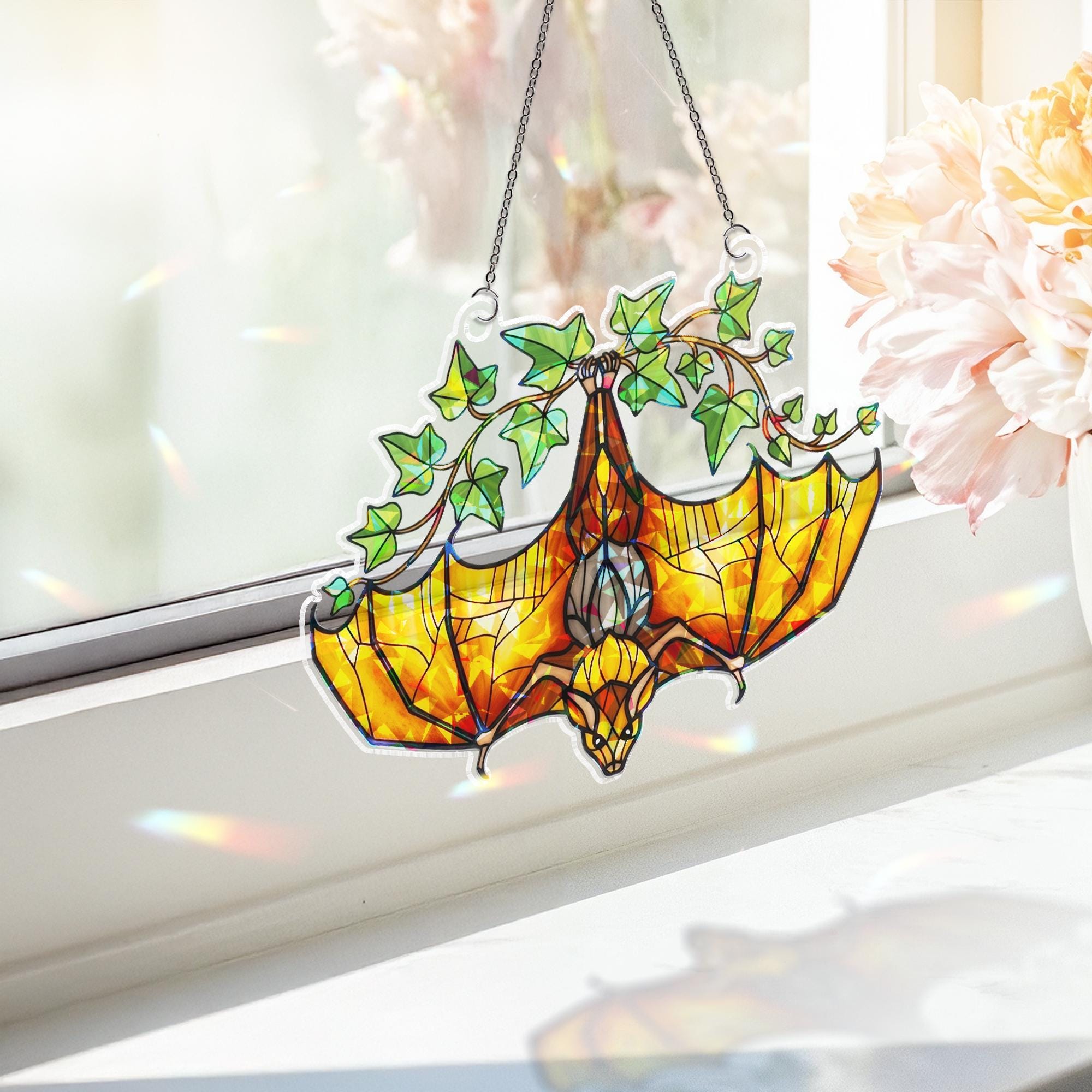 Upside Down Bat Hologram Decor, Ivy Plant Bat Window Decor, Gothic Hologram Acrylic Hanging, Halloween Bat Ornament, Sunlight Catcher
