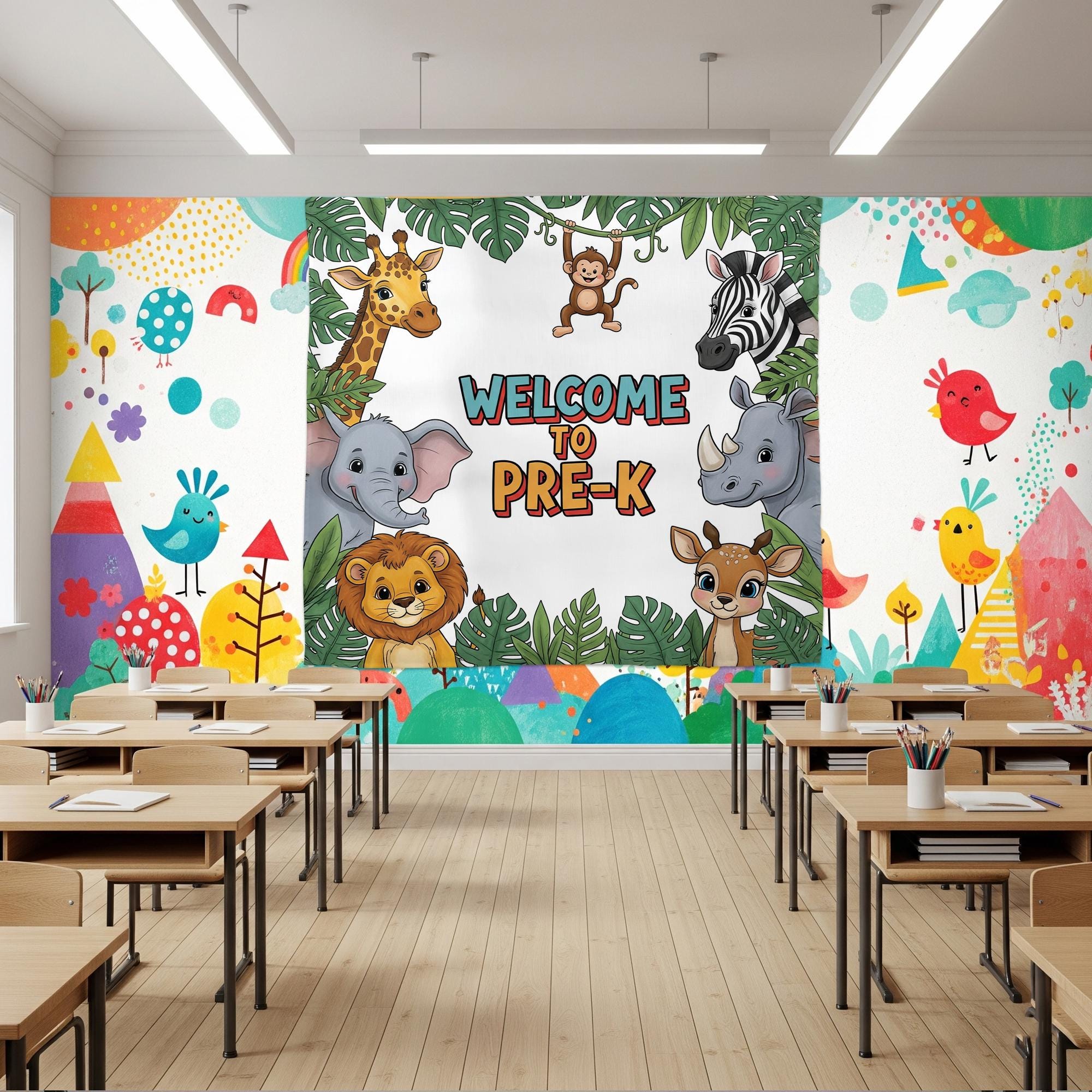 Welcome to Pre-K Jungle Safari Tapestry, Classroom Wall Decor, Animal Theme Backdrop, Teacher Gift, Preschool Room Sign, First day Of School