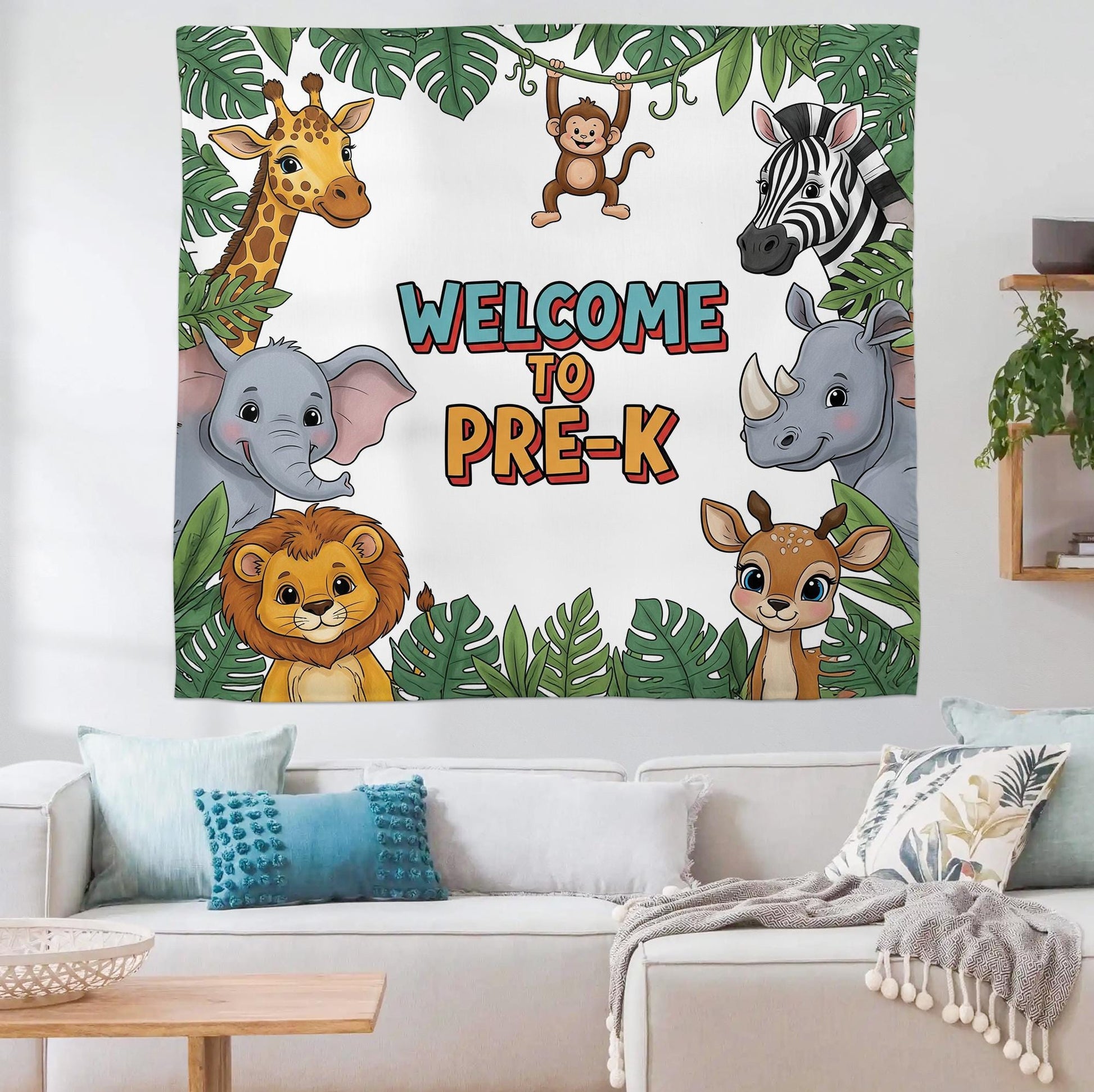 Welcome to Pre-K Jungle Safari Tapestry, Classroom Wall Decor, Animal Theme Backdrop, Teacher Gift, Preschool Room Sign, First day Of School