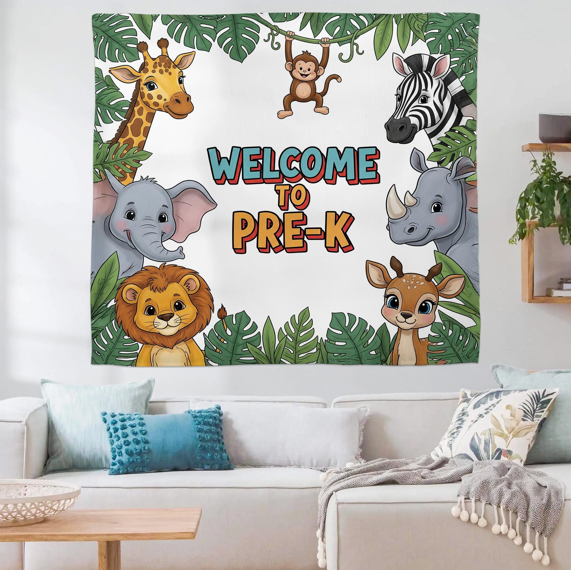Welcome to Pre-K Jungle Safari Tapestry, Classroom Wall Decor, Animal Theme Backdrop, Teacher Gift, Preschool Room Sign, First day Of School