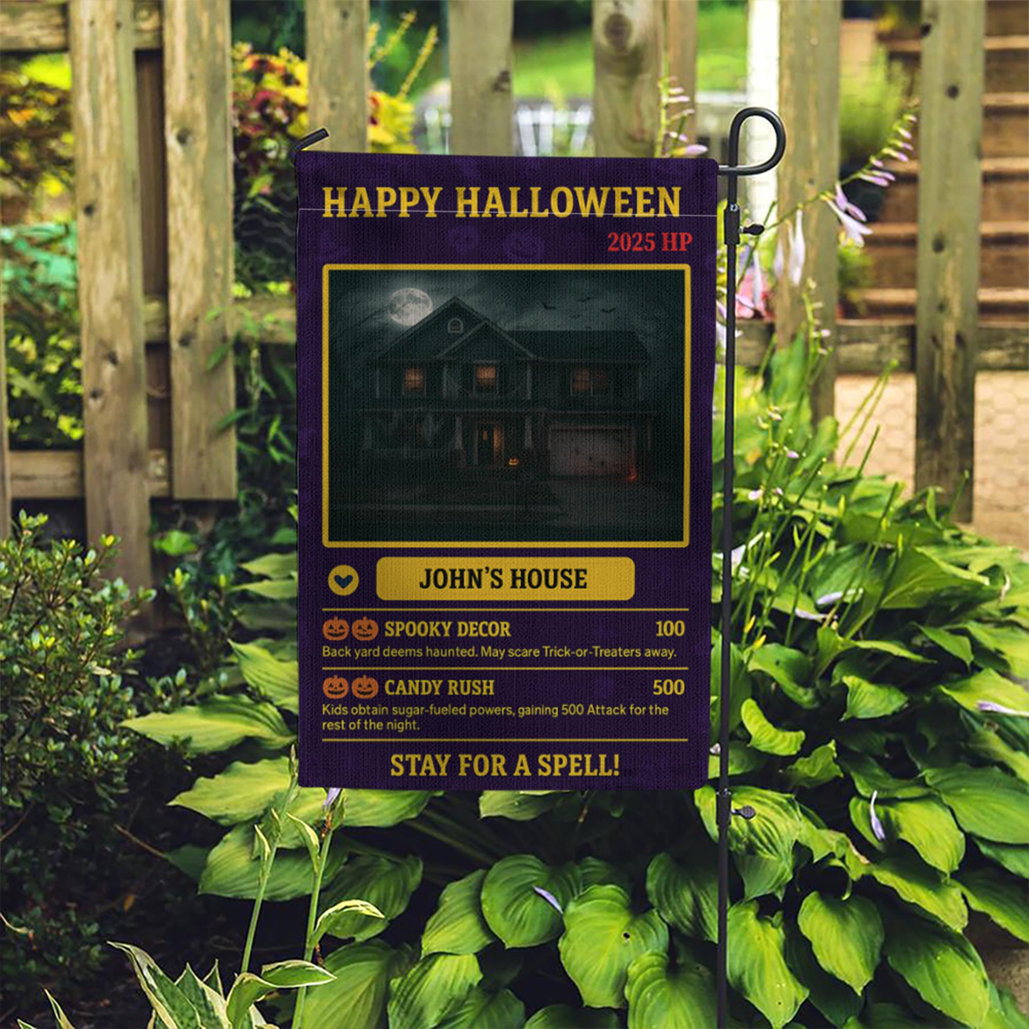 Personalized Halloween Garden Flag, Custom House Photo Video Game Card, Spooky Gamer Decor, Funny Yard Sign for Homeowners, Nerdy Gift