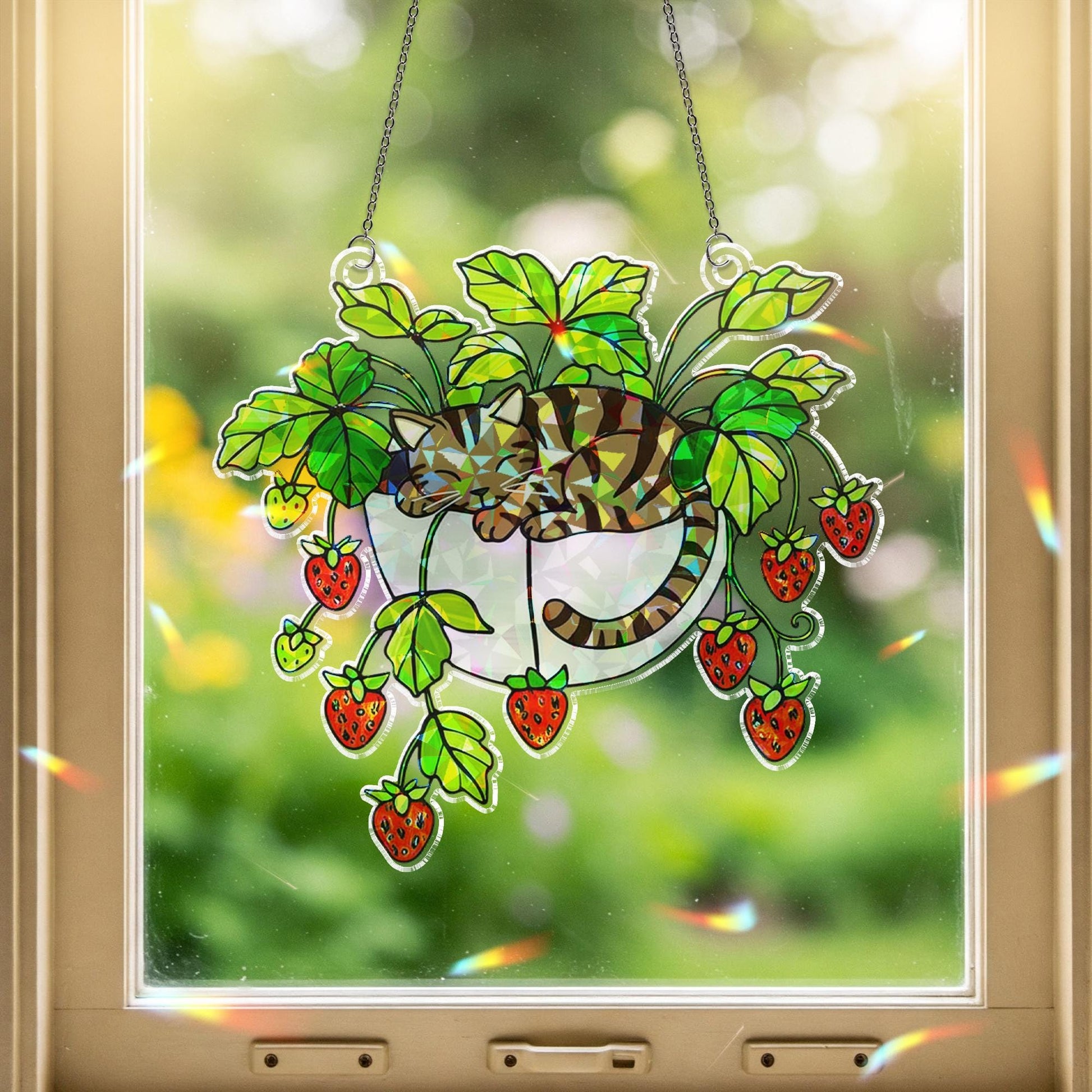 Tabby Cat Strawberry Hologram Ornament, Brown Tabby Cat Sleeping in Strawberry Plant Pot ACRYLIC Window Hanging, Garden Decor Cat Lover