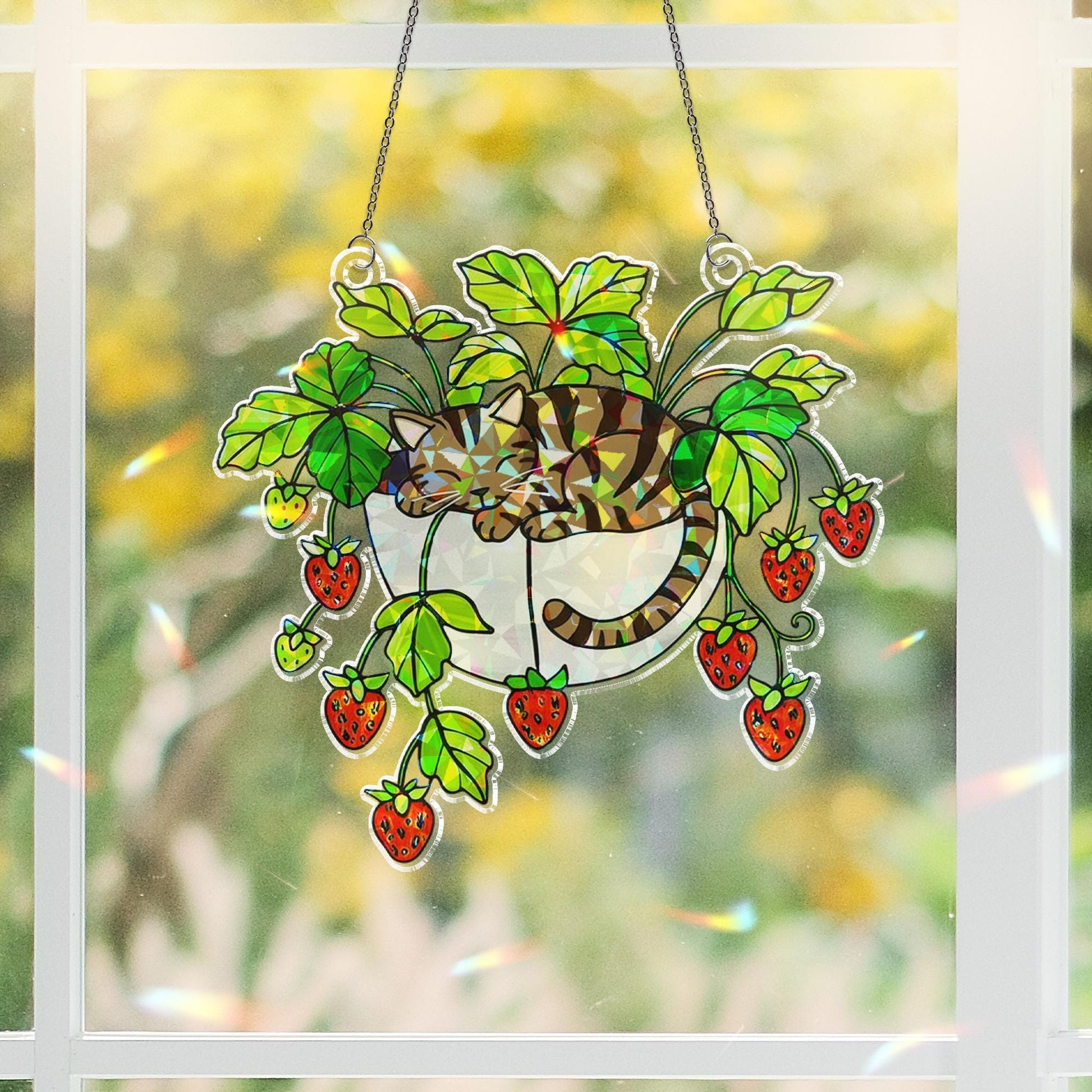 Tabby Cat Strawberry Hologram Ornament, Brown Tabby Cat Sleeping in Strawberry Plant Pot ACRYLIC Window Hanging, Garden Decor Cat Lover