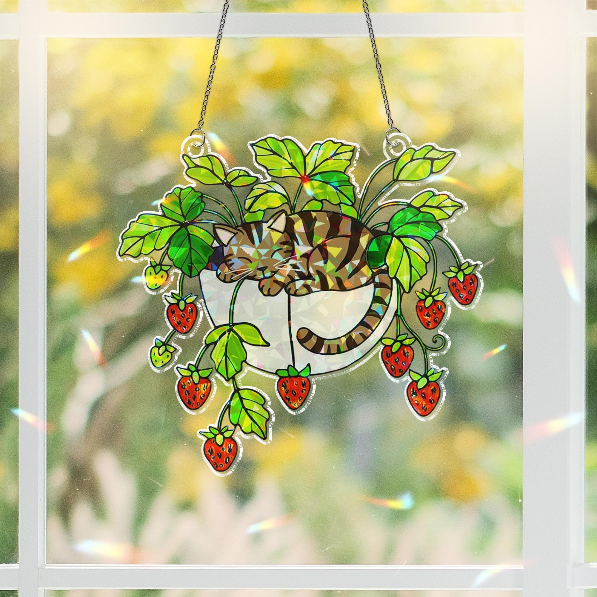 Tabby Cat Strawberry Hologram Ornament, Brown Tabby Cat Sleeping in Strawberry Plant Pot ACRYLIC Window Hanging, Garden Decor Cat Lover