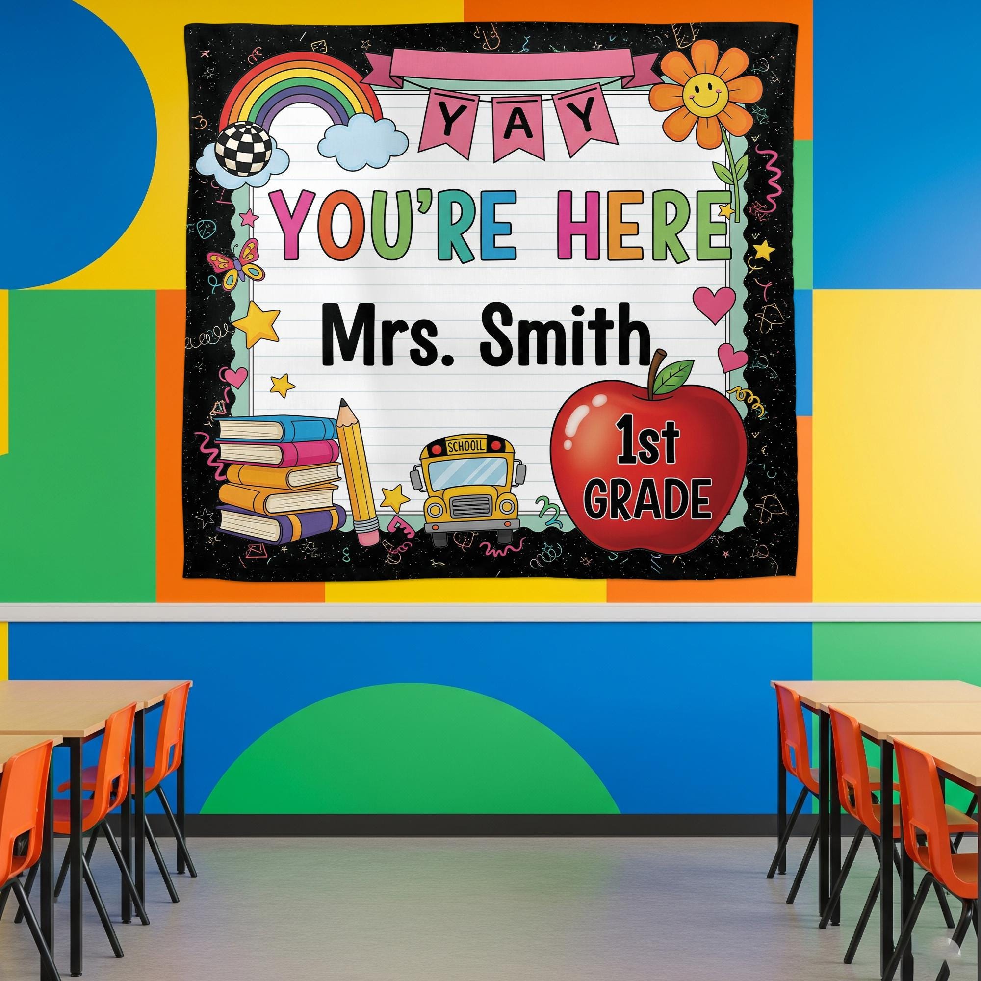 Personalized 1st Grade Classroom Tapestry, Teacher Name Wall Decor, Back to School Sign, Rainbow Apple Banner for Kids Room