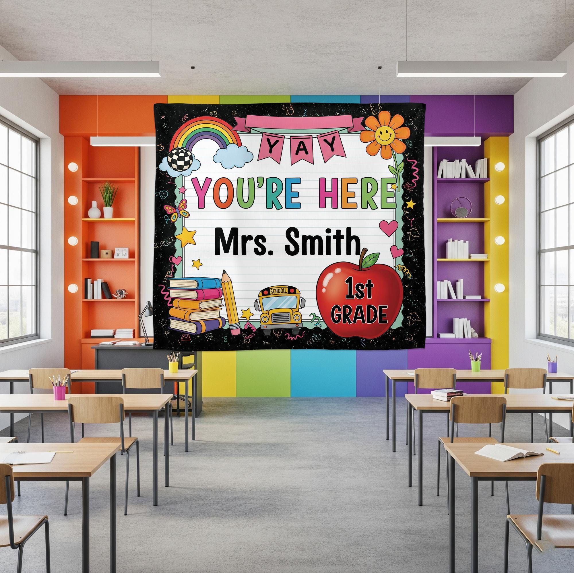 Personalized 1st Grade Classroom Tapestry, Teacher Name Wall Decor, Back to School Sign, Rainbow Apple Banner for Kids Room