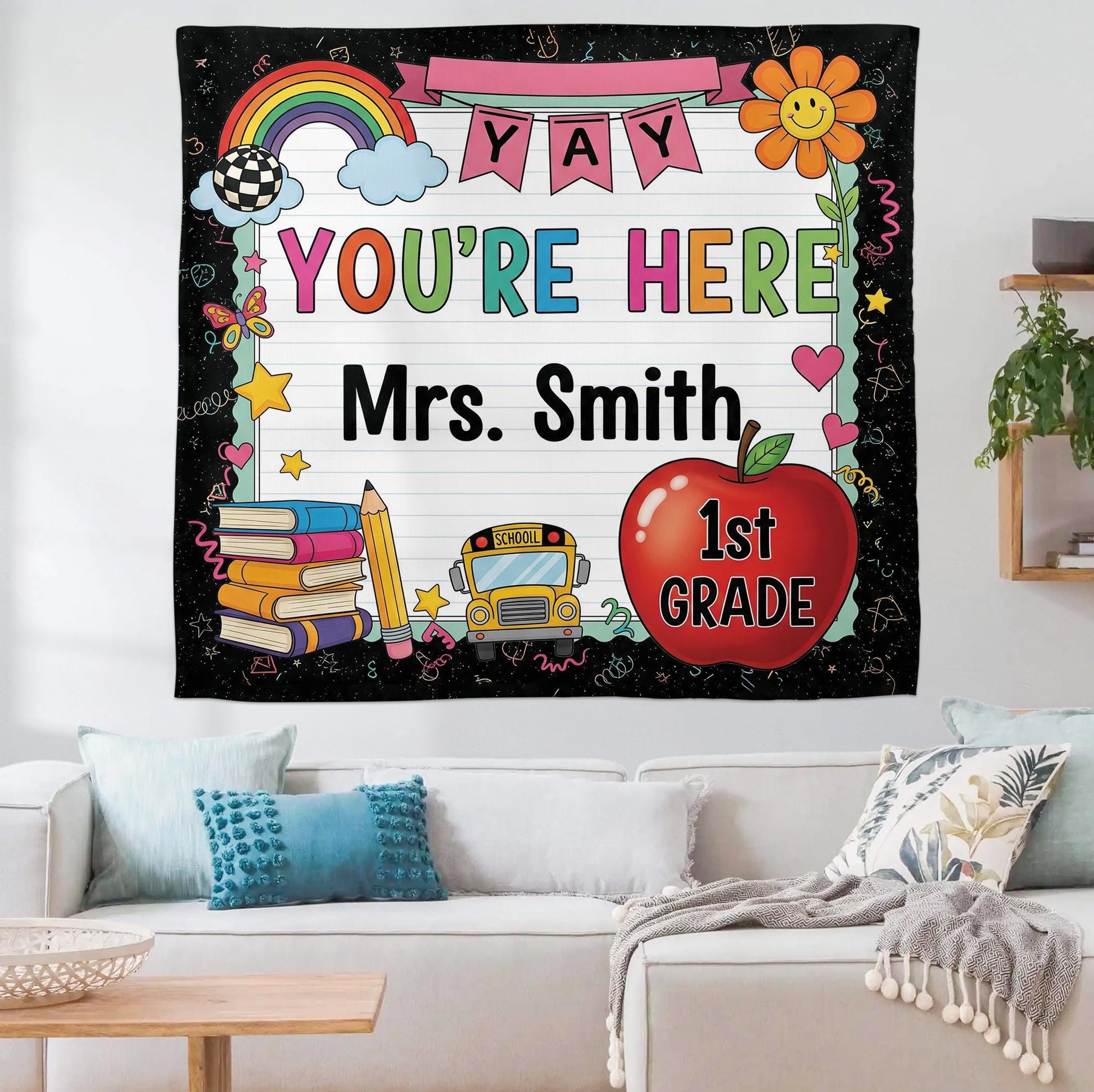 Personalized 1st Grade Classroom Tapestry, Teacher Name Wall Decor, Back to School Sign, Rainbow Apple Banner for Kids Room