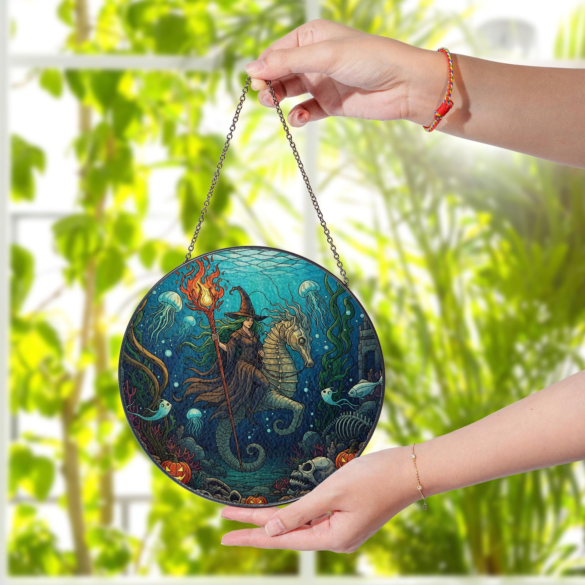 Underwater Witch Suncatcher | Halloween Sea Witch Window Hanging | Stained Glass Ocean Decor | Spooky Mermaid Wall Art