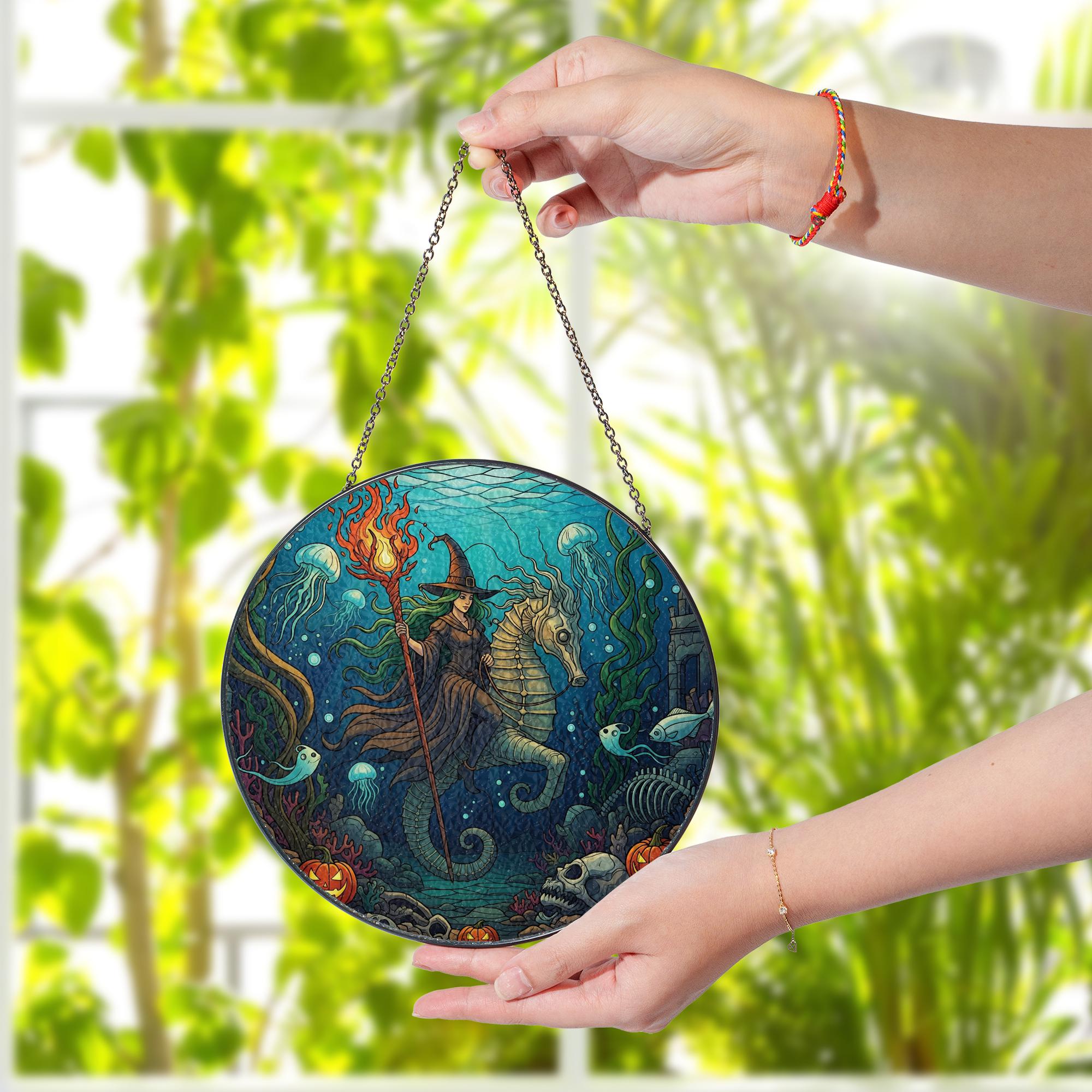 Underwater Witch Suncatcher | Halloween Sea Witch Window Hanging | Stained Glass Ocean Decor | Spooky Mermaid Wall Art