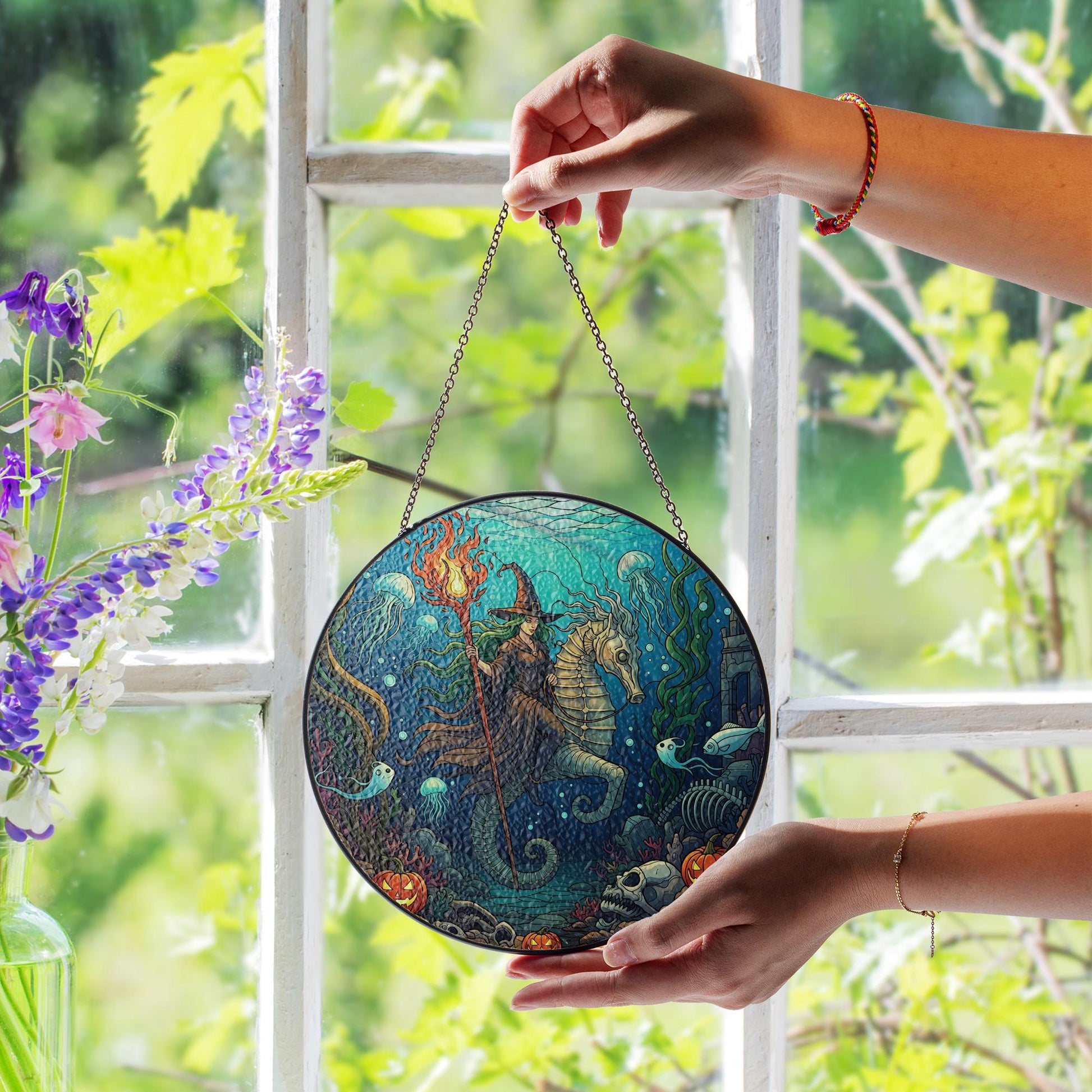 Underwater Witch Suncatcher | Halloween Sea Witch Window Hanging | Stained Glass Ocean Decor | Spooky Mermaid Wall Art