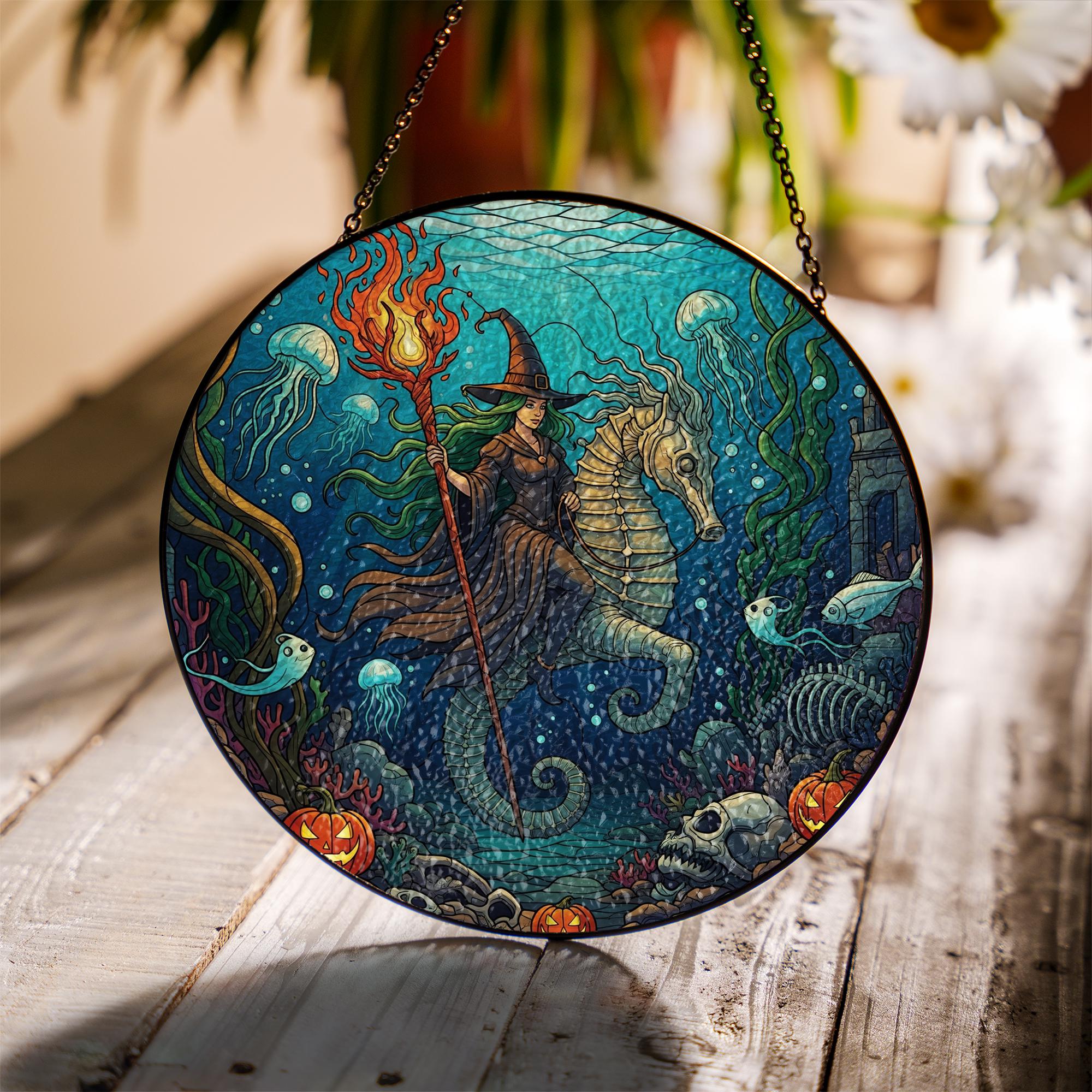 Underwater Witch Suncatcher | Halloween Sea Witch Window Hanging | Stained Glass Ocean Decor | Spooky Mermaid Wall Art