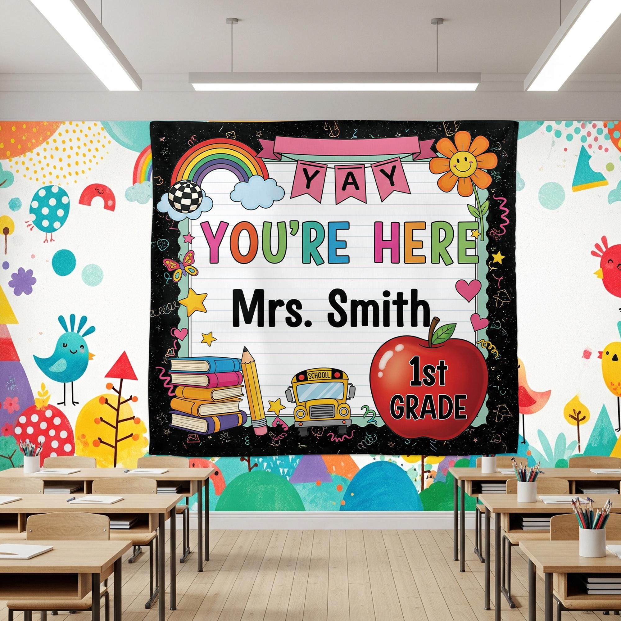 Personalized 1st Grade Classroom Tapestry, Teacher Name Wall Decor, Back to School Sign, Rainbow Apple Banner for Kids Room