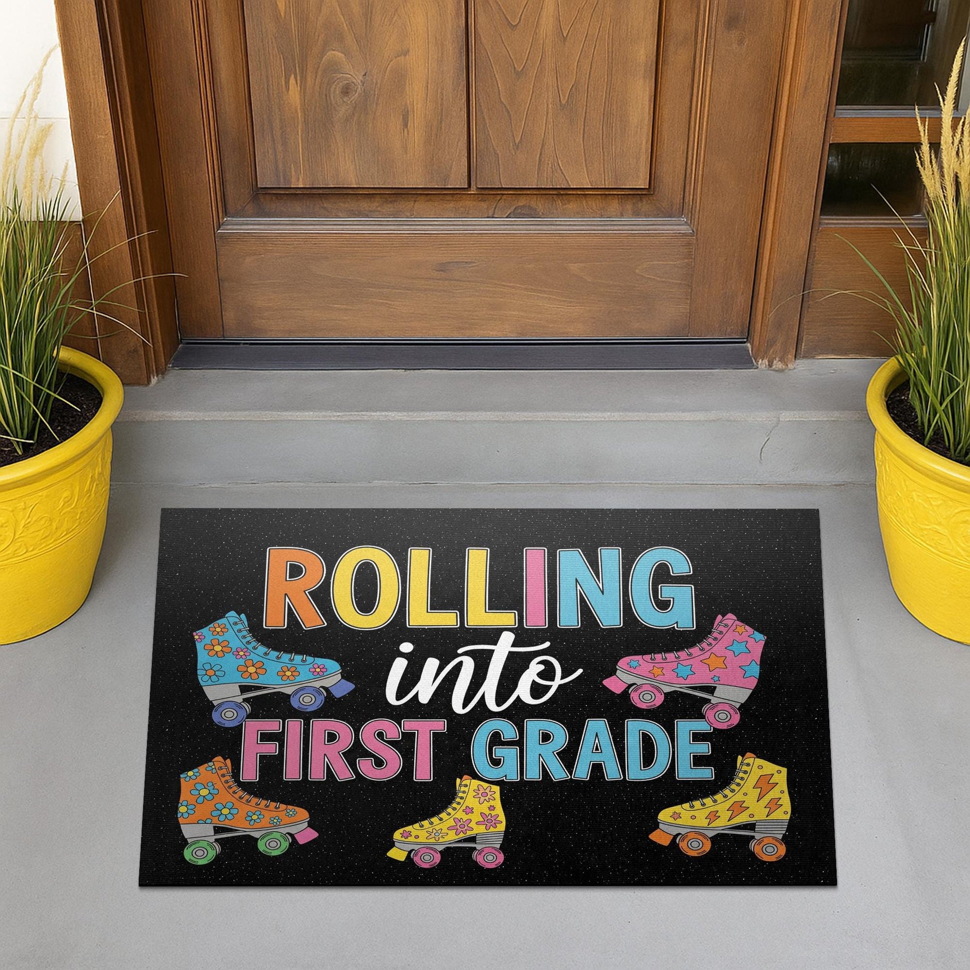 Rolling Into First Grade Doormat, Back to School Door Mat, Teacher Classroom Rug, Cute Roller Skate Welcome Mat for Kids