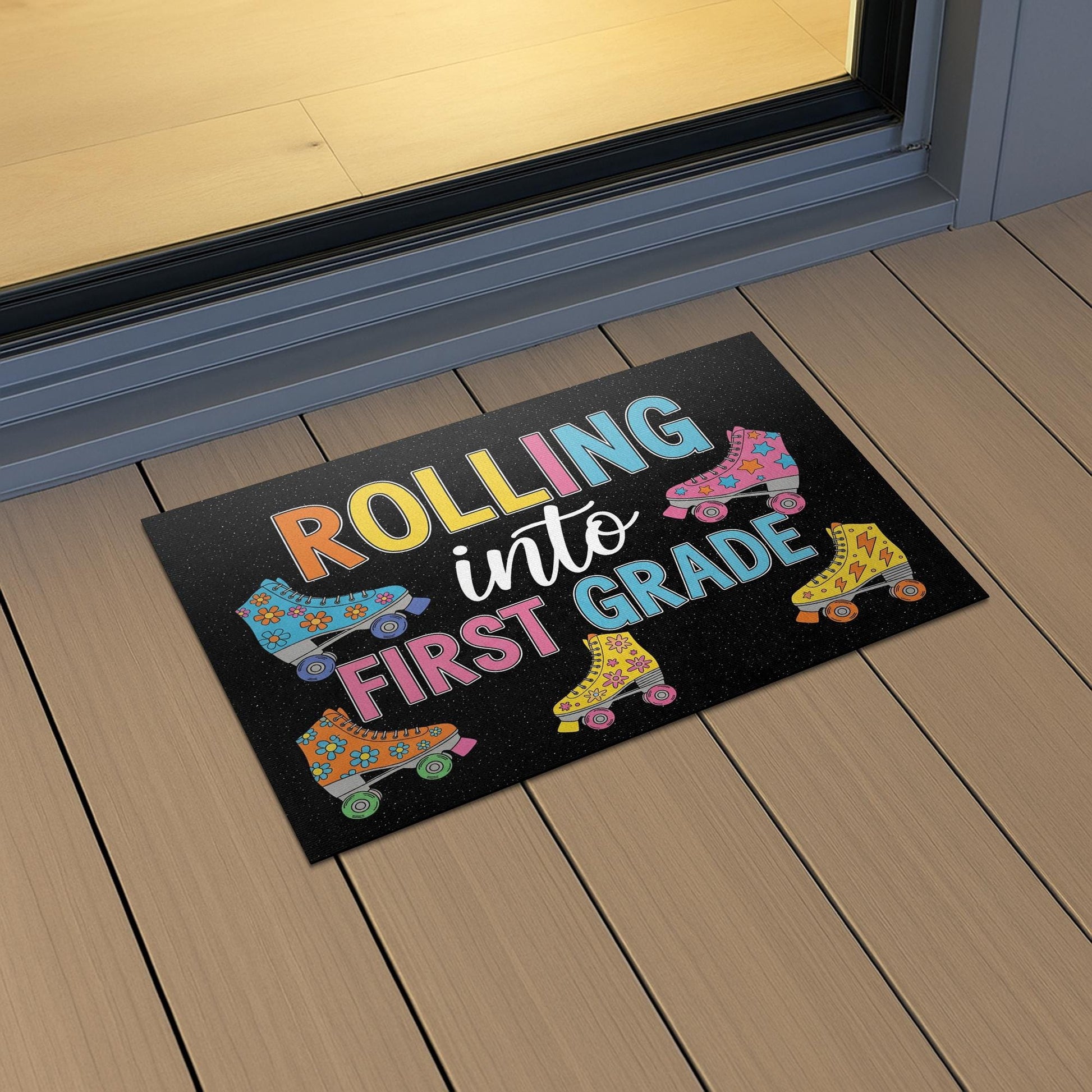 Rolling Into First Grade Doormat, Back to School Door Mat, Teacher Classroom Rug, Cute Roller Skate Welcome Mat for Kids