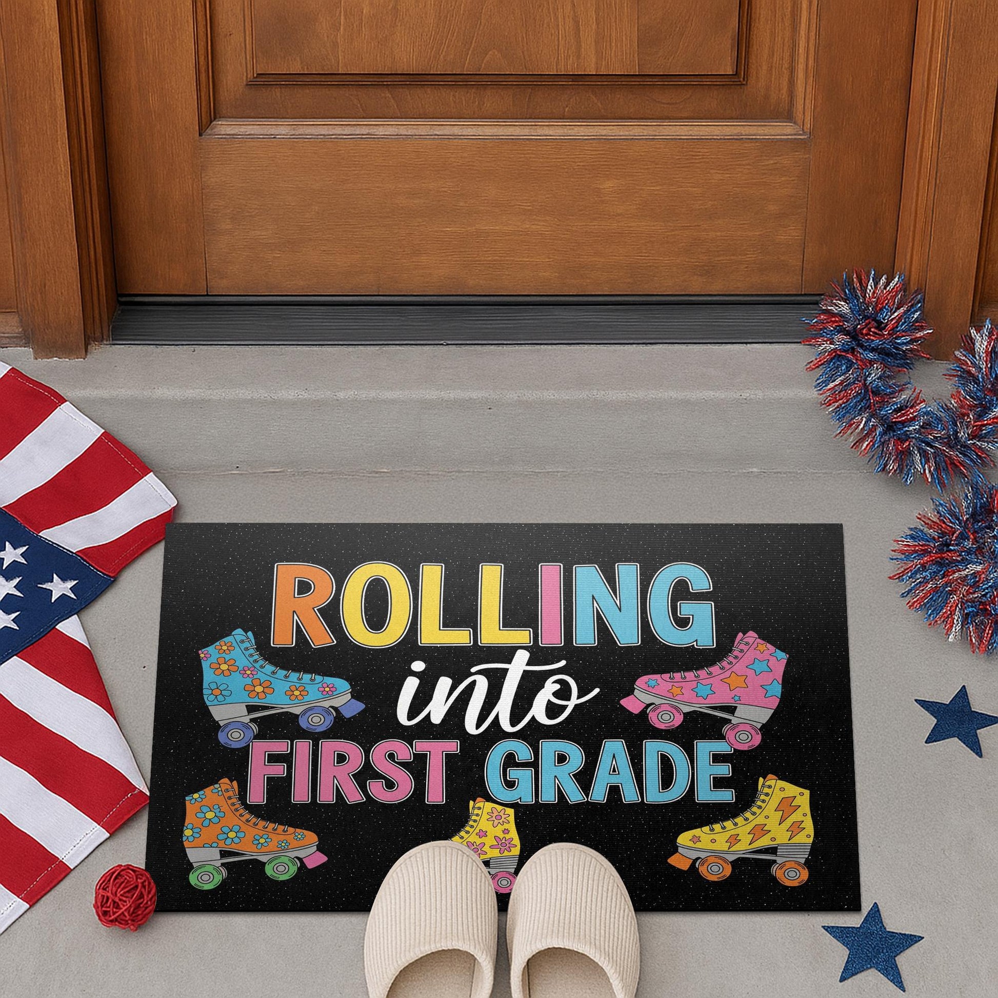 Rolling Into First Grade Doormat, Back to School Door Mat, Teacher Classroom Rug, Cute Roller Skate Welcome Mat for Kids