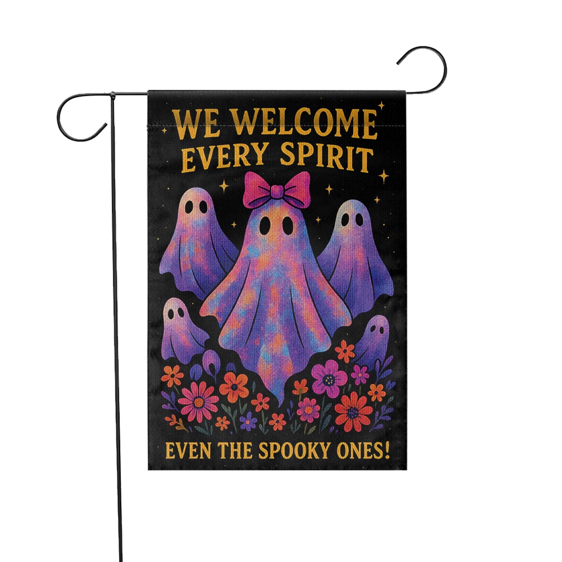 We Welcome Every Spirit Garden Flag, Cute Halloween Ghost Yard Decor, Inclusive Fall Porch Flag, Spooky Season Outdoor Banner