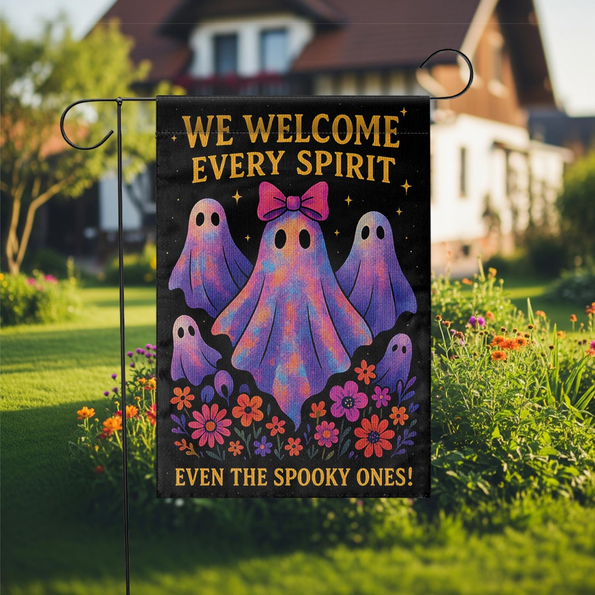 We Welcome Every Spirit Garden Flag, Cute Halloween Ghost Yard Decor, Inclusive Fall Porch Flag, Spooky Season Outdoor Banner