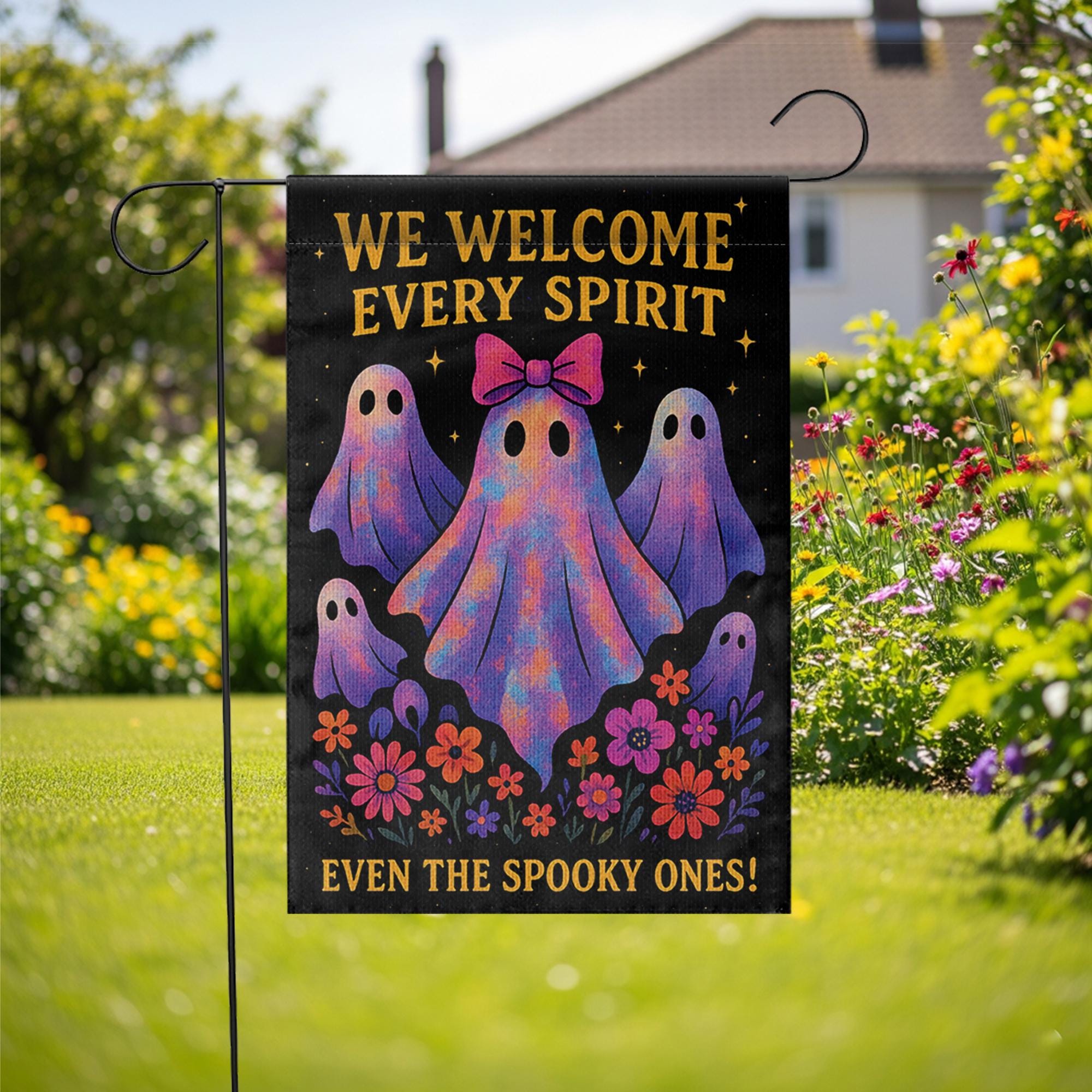 We Welcome Every Spirit Garden Flag, Cute Halloween Ghost Yard Decor, Inclusive Fall Porch Flag, Spooky Season Outdoor Banner