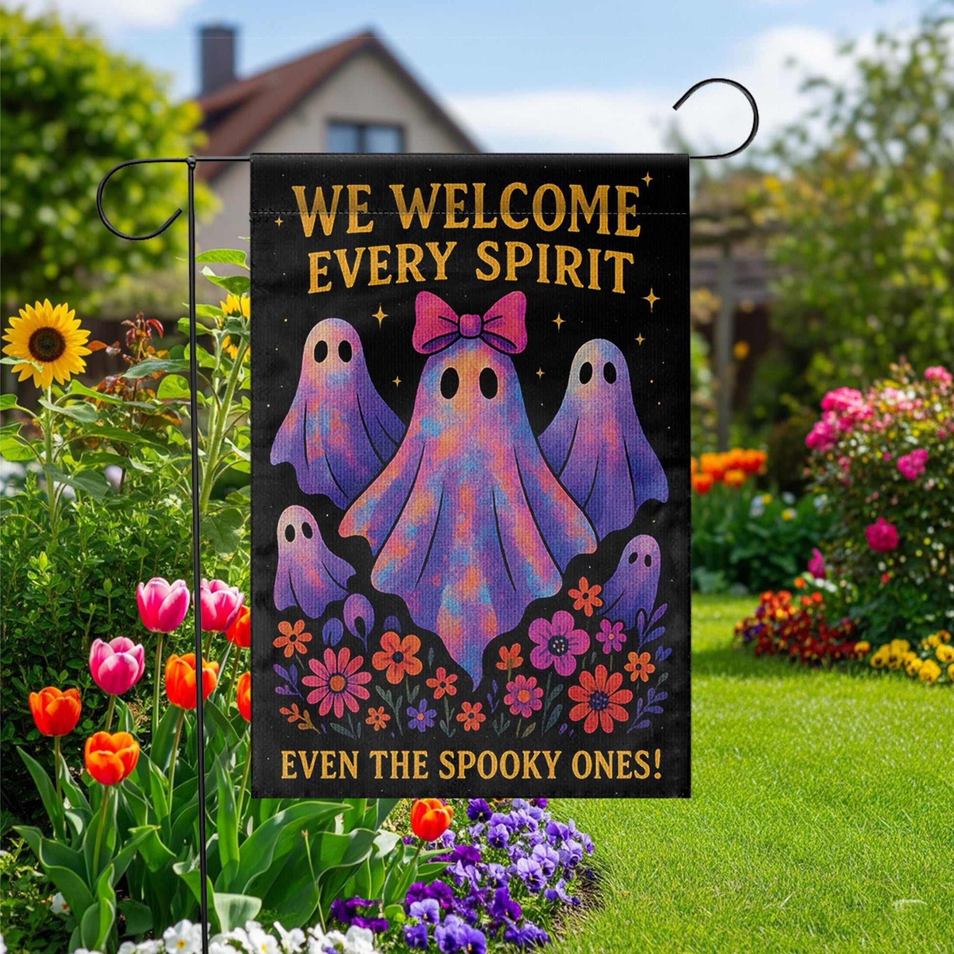 We Welcome Every Spirit Garden Flag, Cute Halloween Ghost Yard Decor, Inclusive Fall Porch Flag, Spooky Season Outdoor Banner