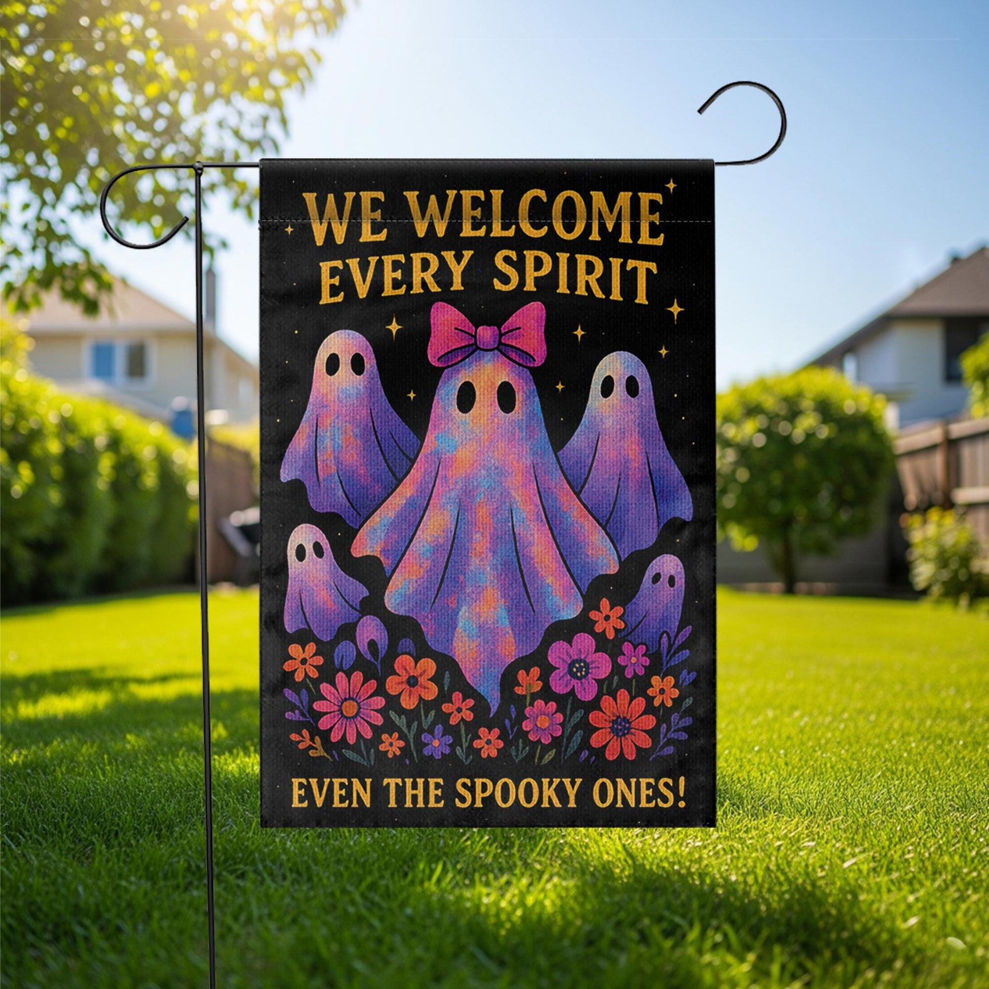 We Welcome Every Spirit Garden Flag, Cute Halloween Ghost Yard Decor, Inclusive Fall Porch Flag, Spooky Season Outdoor Banner