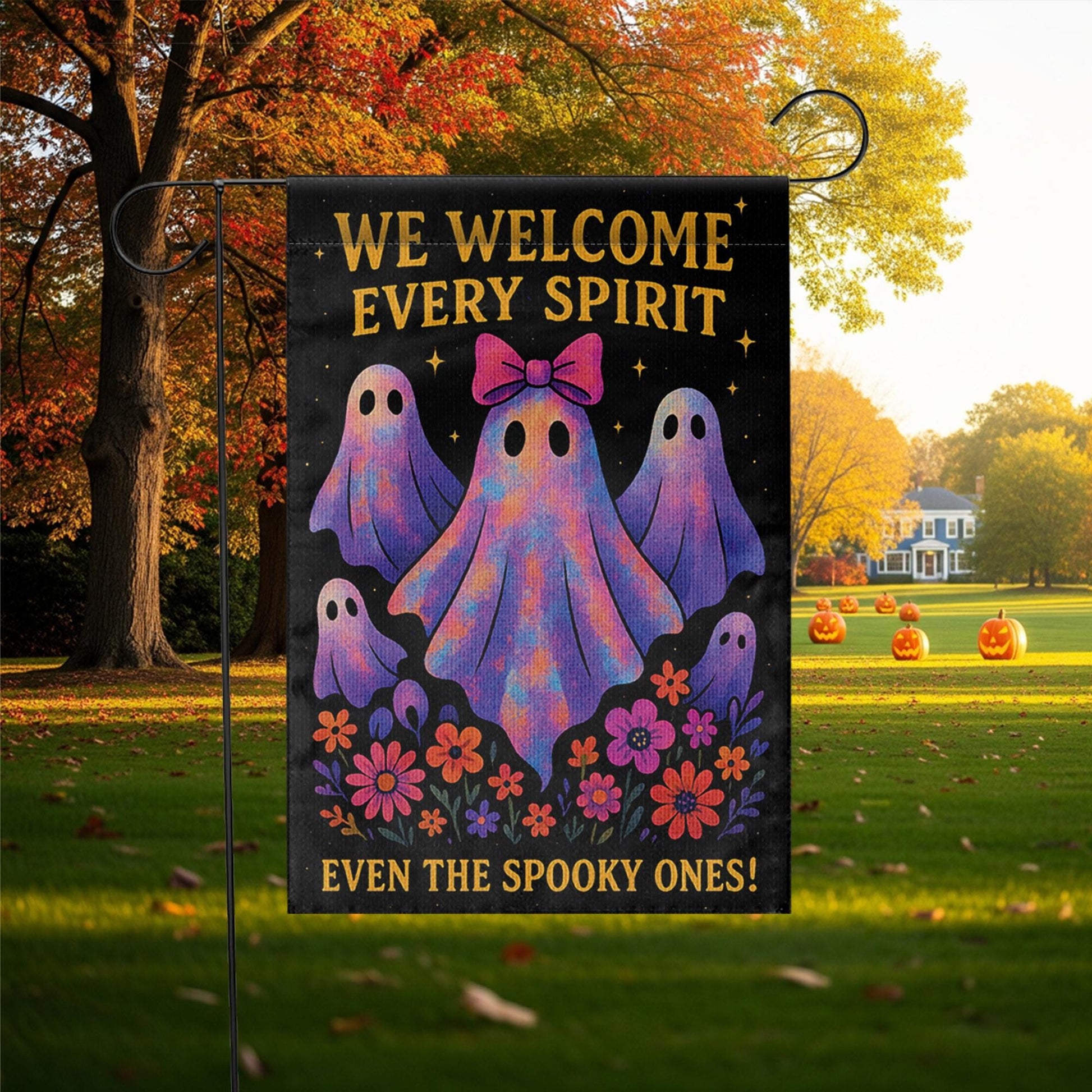 We Welcome Every Spirit Garden Flag, Cute Halloween Ghost Yard Decor, Inclusive Fall Porch Flag, Spooky Season Outdoor Banner