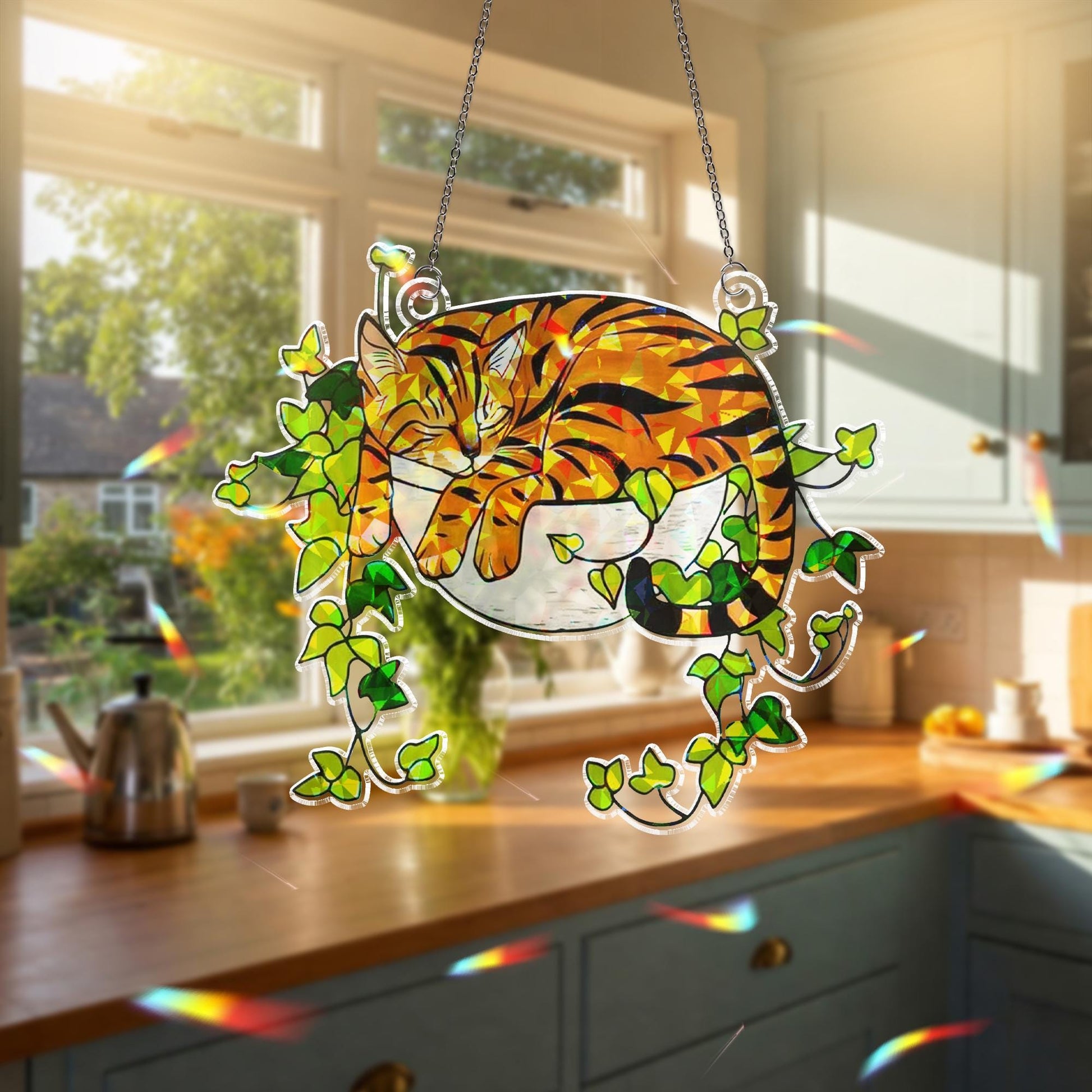 Bengal Cat Sleeping on Ivy Hologram Ornament | Cat ACRYLIC Window Hanging | Plant Lover Gift, Ivy Plants Decor, Cozy Cat Decor, Gift For Mom