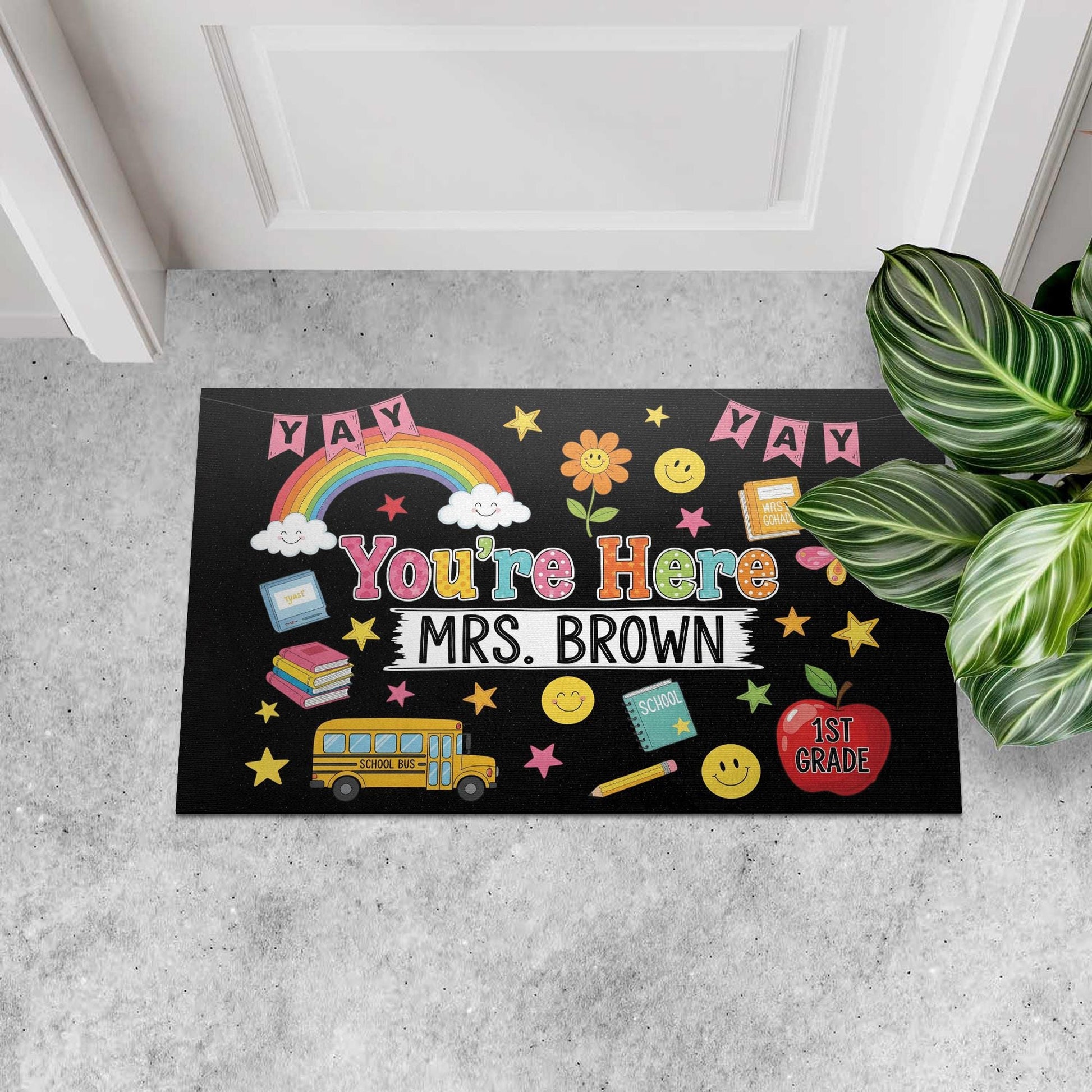 Personalized Teacher Doormat, Yay You're Here Welcome Mat, Custom Classroom Rug, Back to School Decor, Teacher Gift Idea, Welcome mat